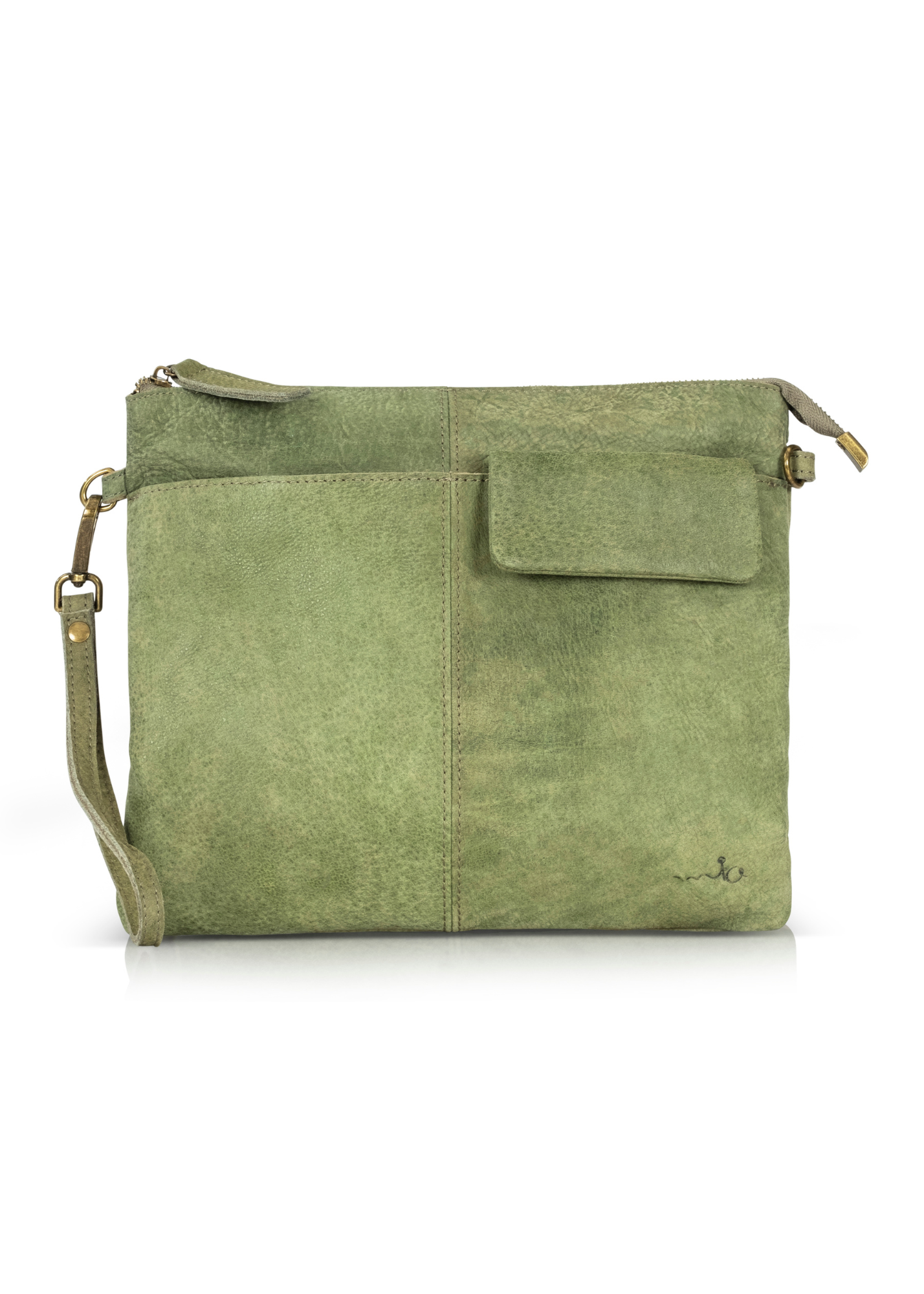 Leather evening bag with pocket and green flap