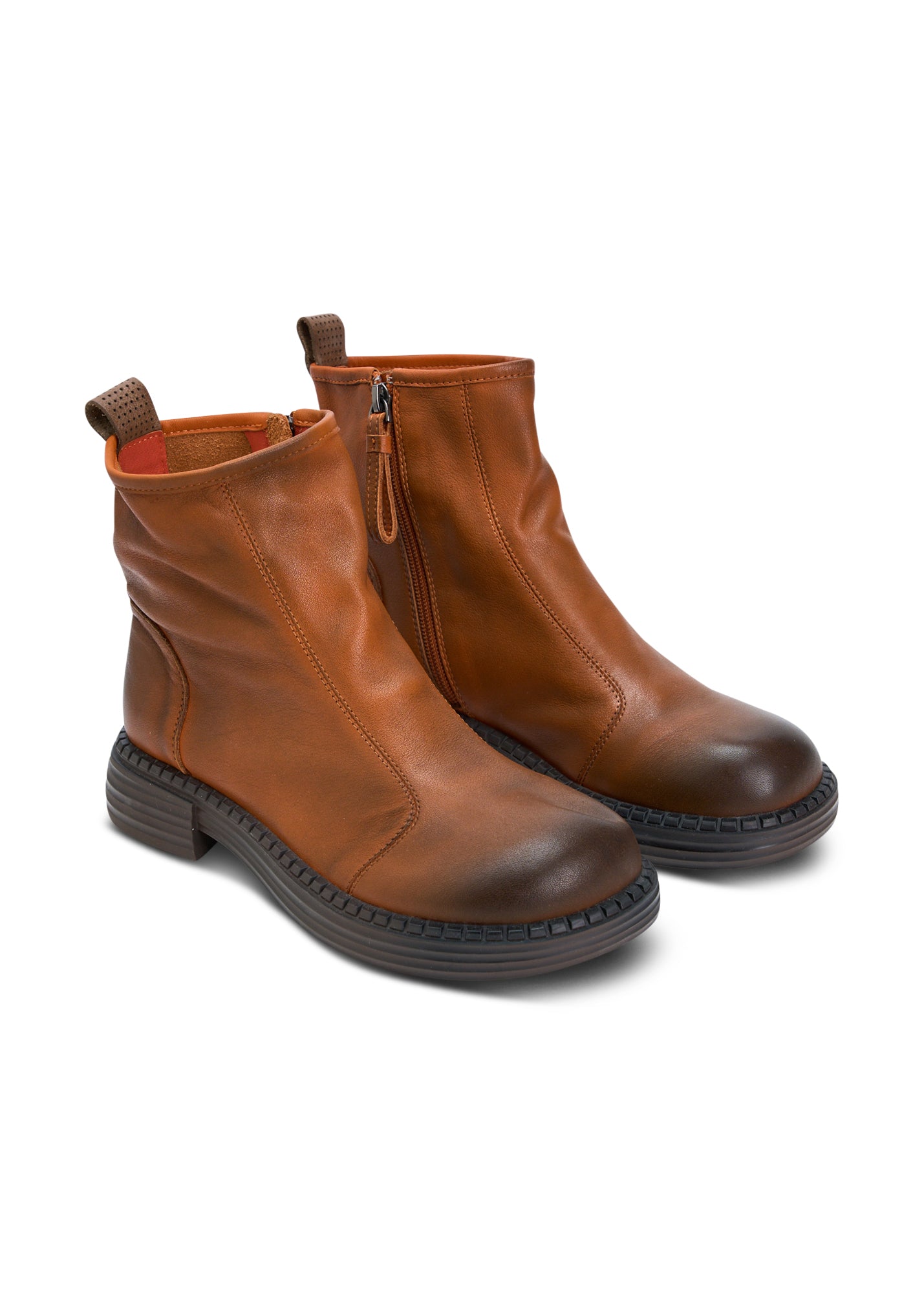 Wash soft leather boots with orange zipper