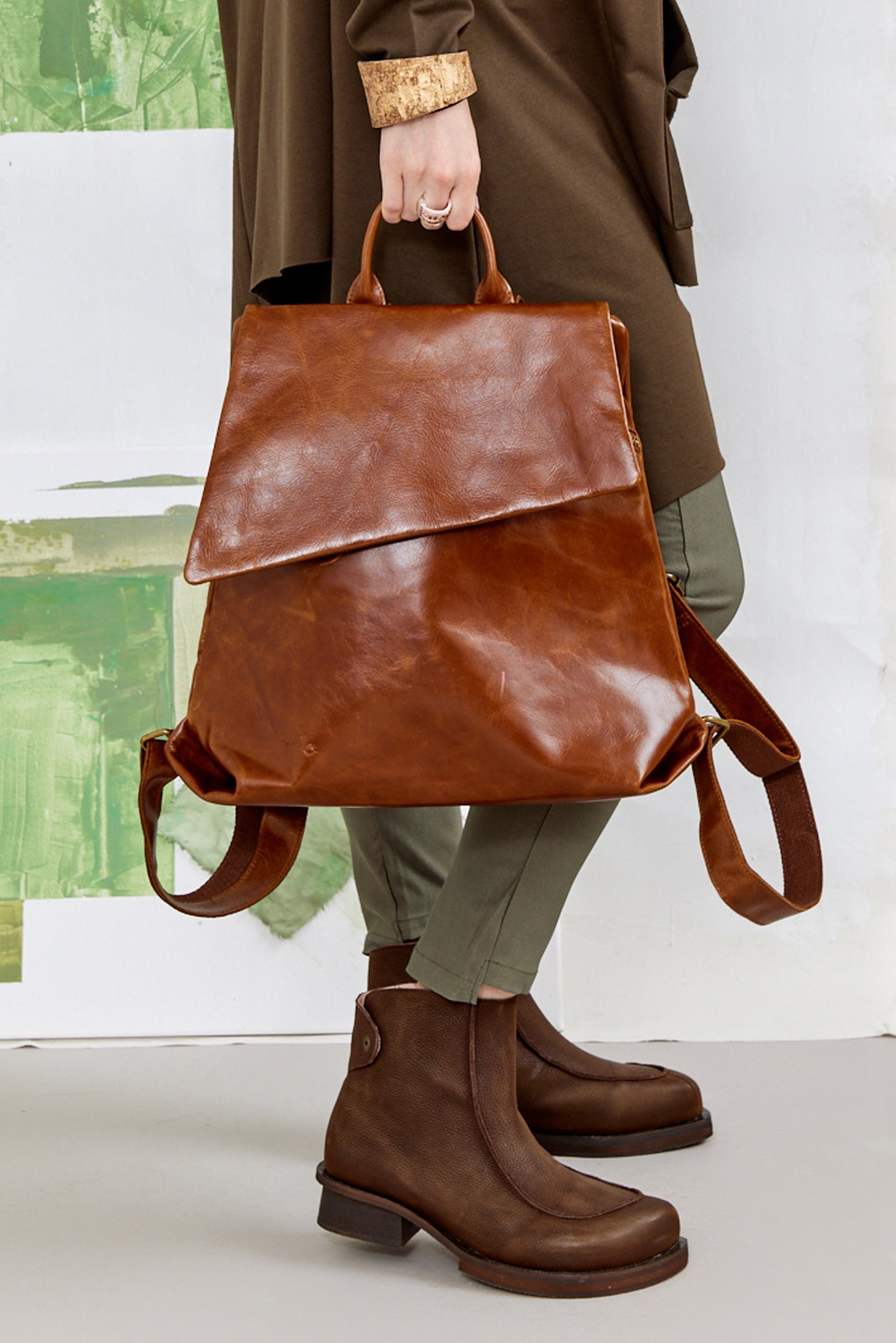 Yellow diagonal leather klapa backpack