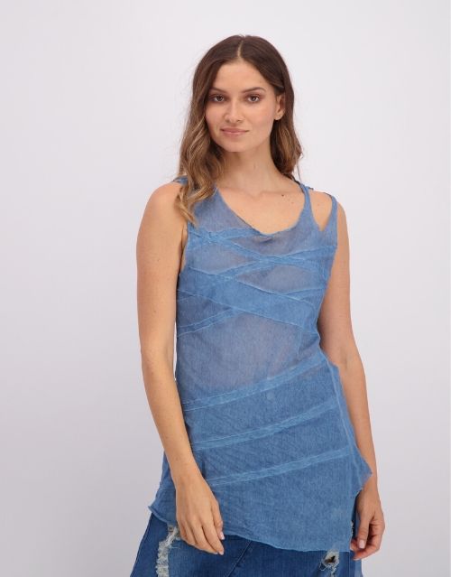 Tank top with X-seams, fine mesh, blue wash