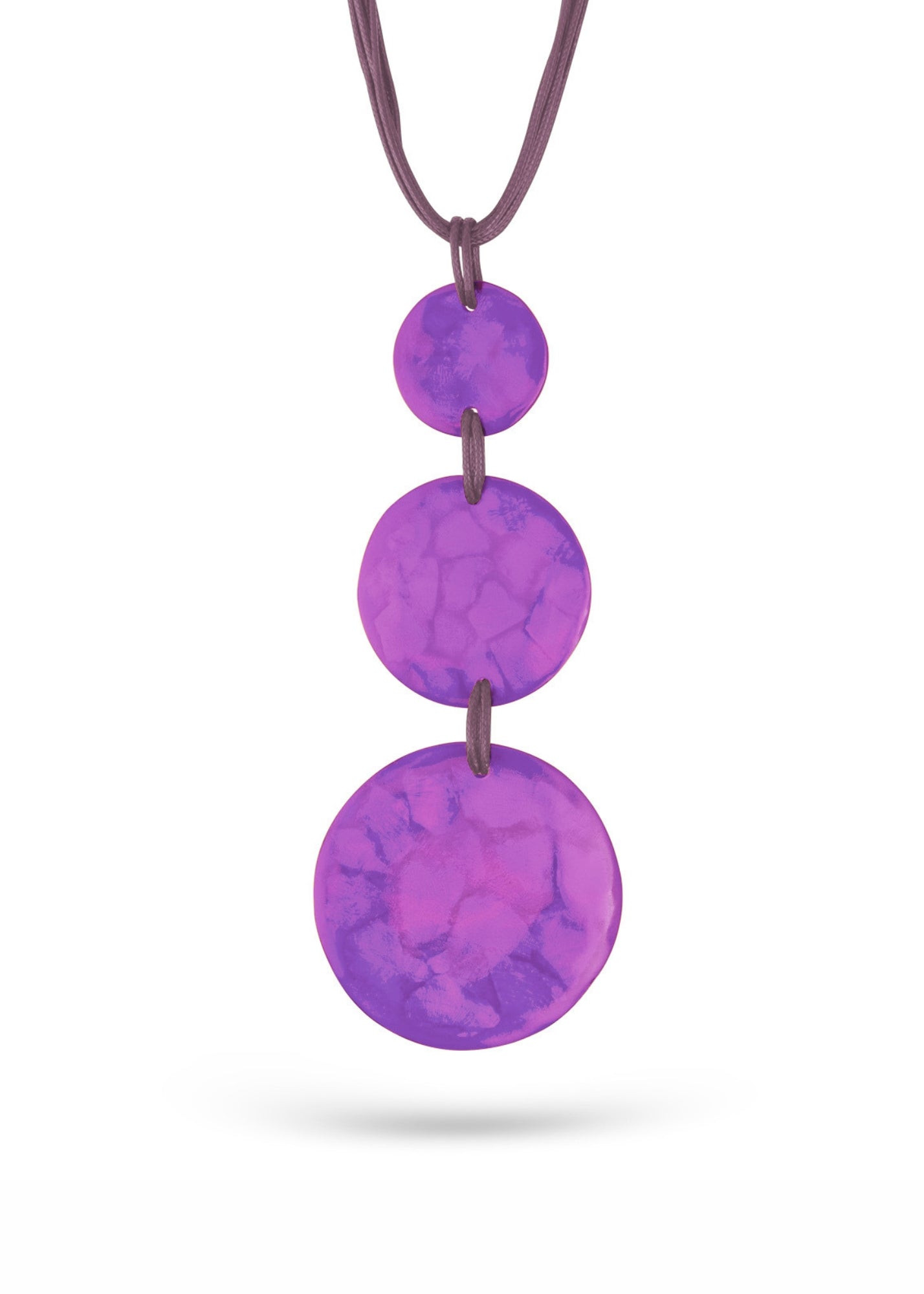 A chain of 3 resin circles on a purple thread