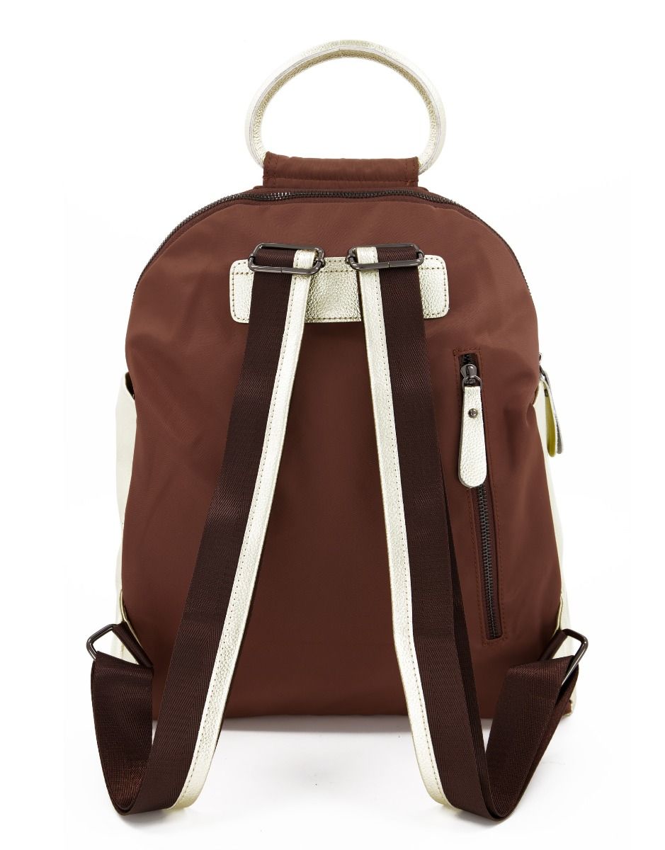 Nylon backpack combined with bronze leather