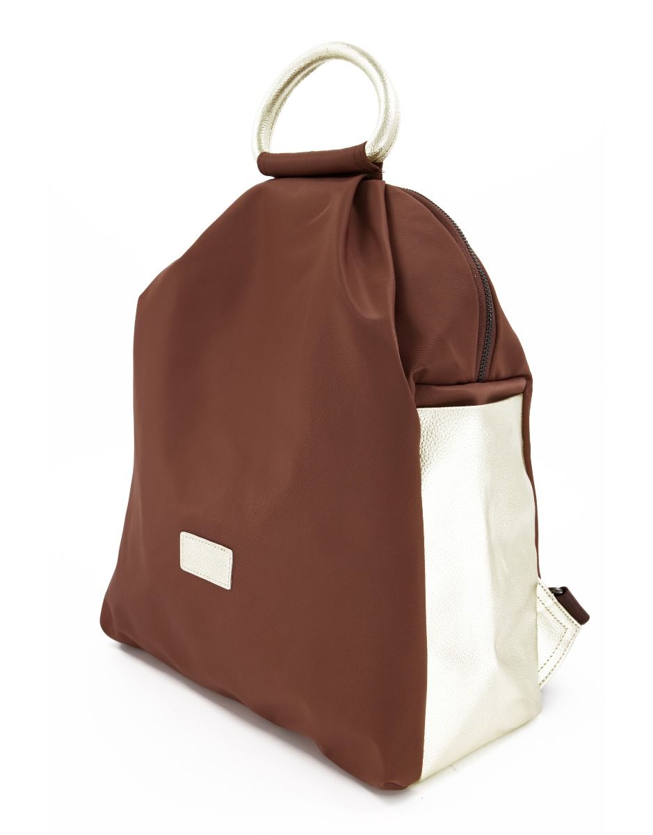 Nylon backpack combined with bronze leather