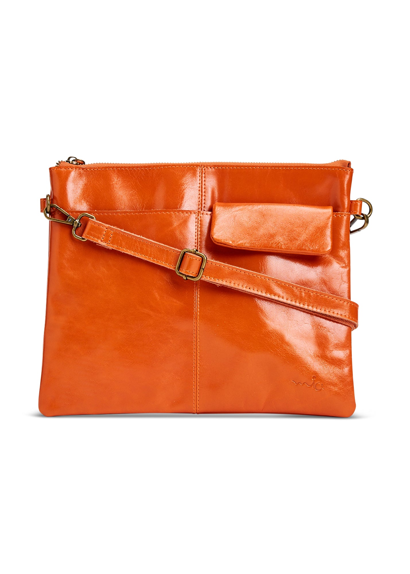 Leather evening bag with pocket and orange flap