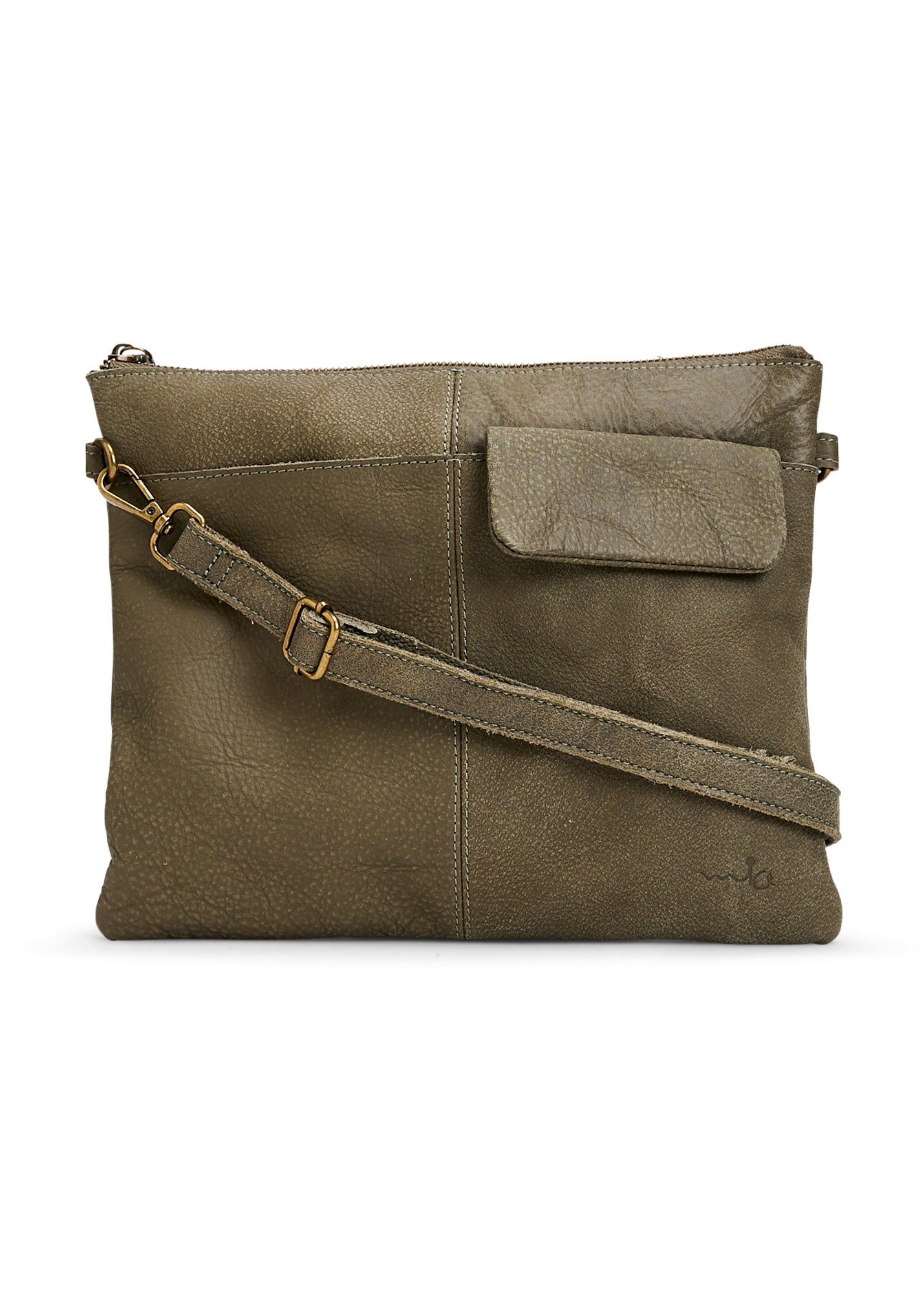 Leather evening bag with pocket and flap dark green wash