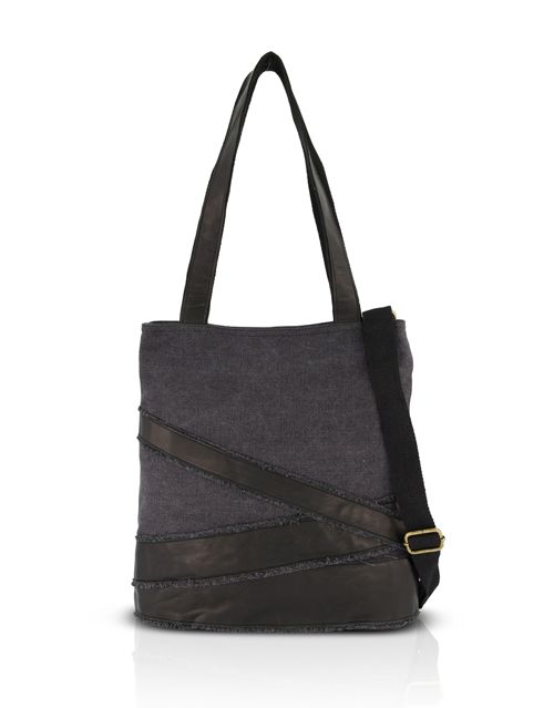 Canvas bag with black leather stitching