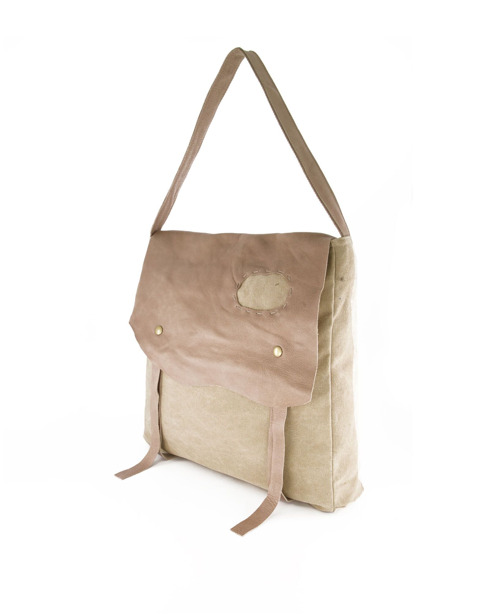 Canvas bag with beige patchwork leather shell