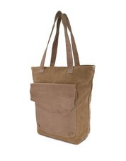 Side canvas bag with brown leather front pocket and flap