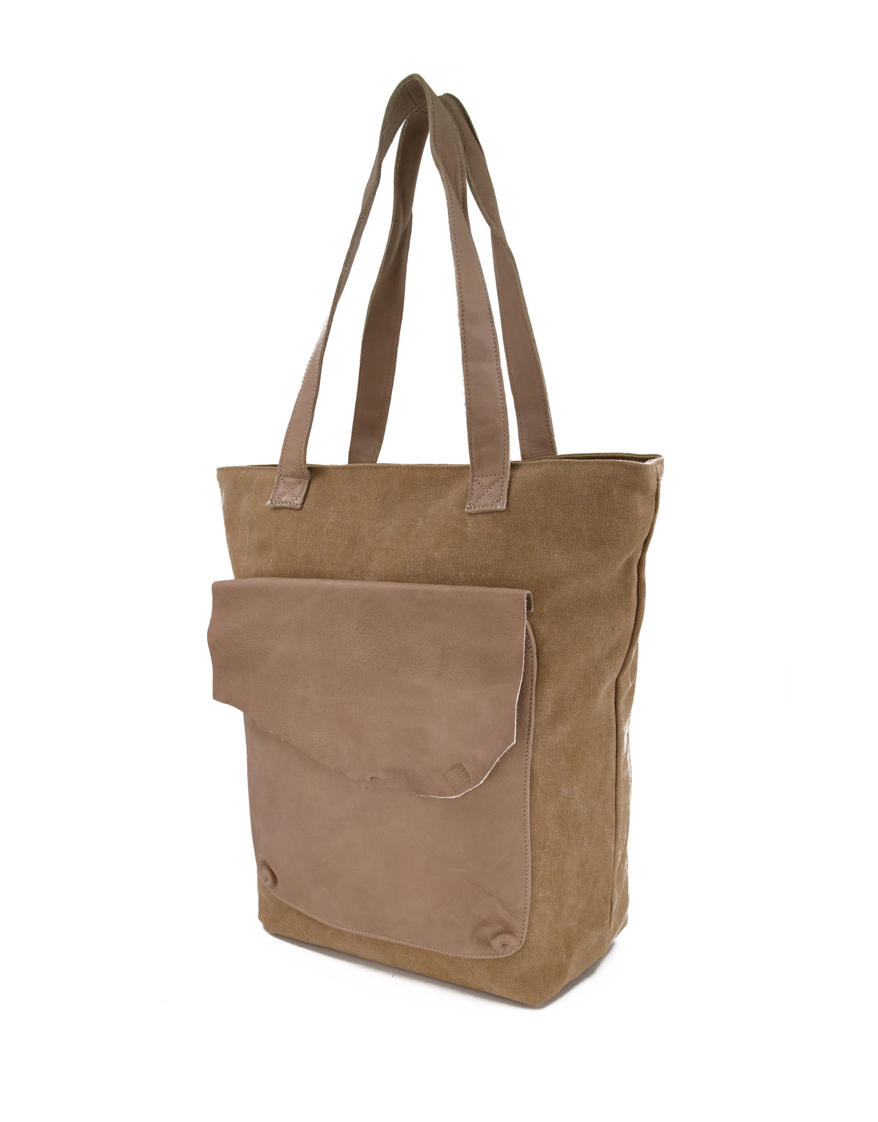 Side canvas bag with brown leather front pocket and flap