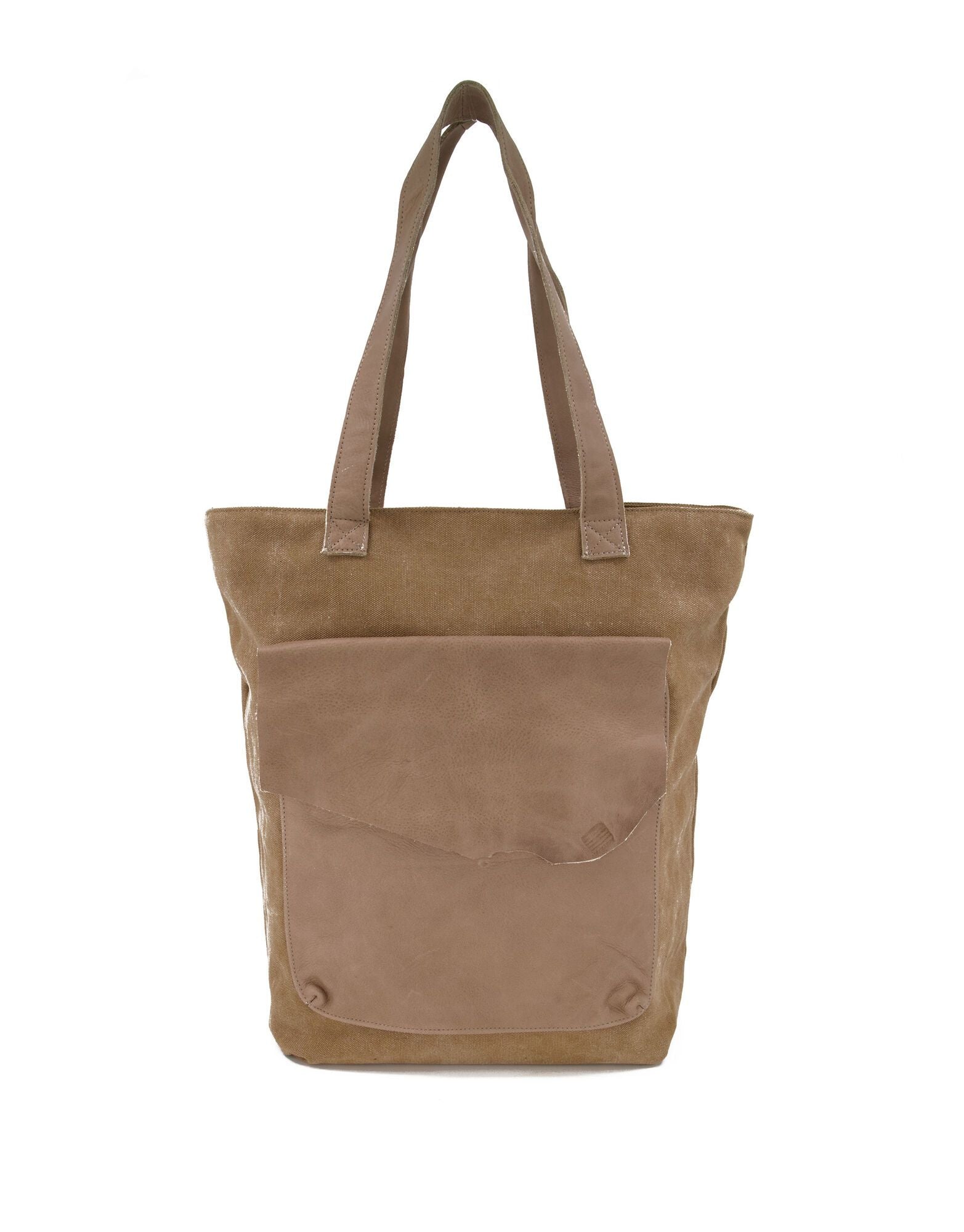 Side canvas bag with brown leather front pocket and flap