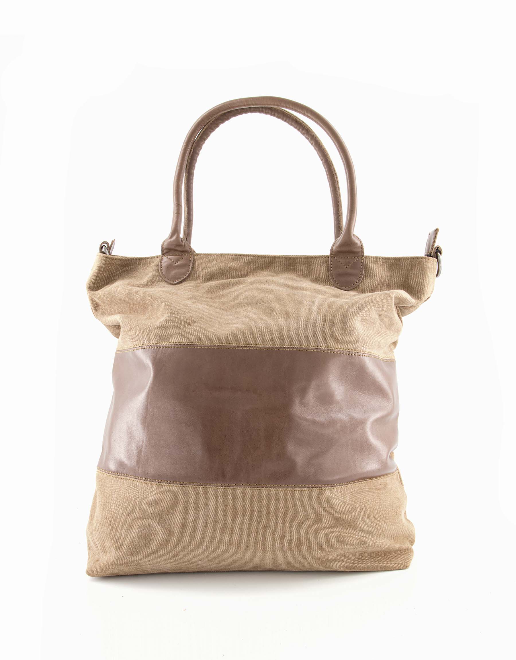 Large side canvas bag with medium brown leather stripe 