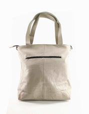 Large side leather bag with gray leather square facing forward