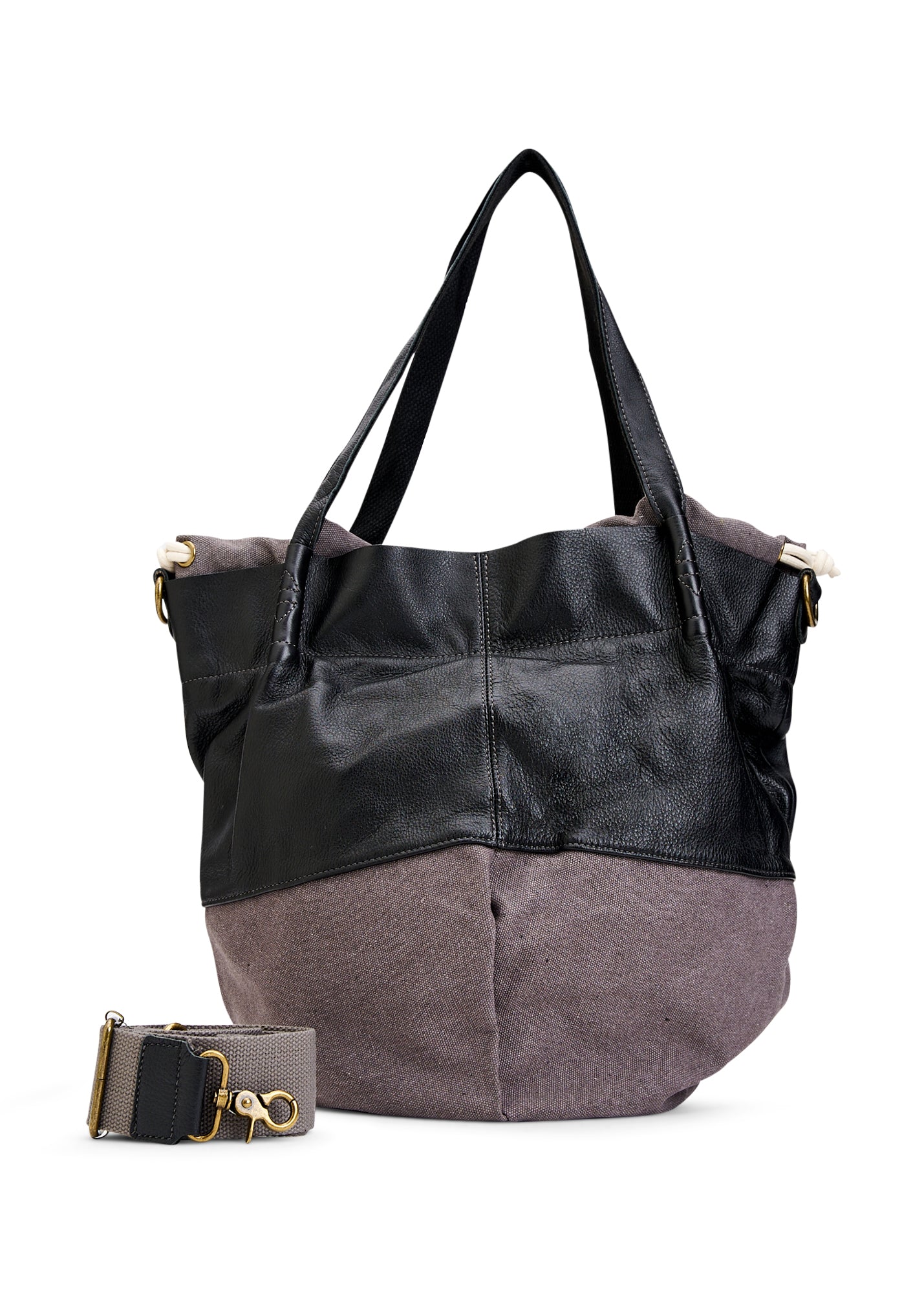 Canvas and gray leather bucket bag