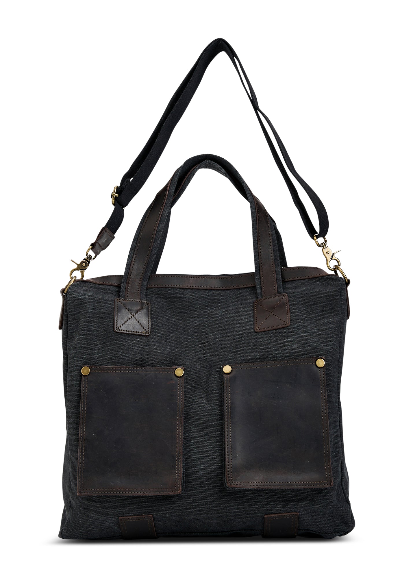 Canvas bag with leather pockets on the front, black