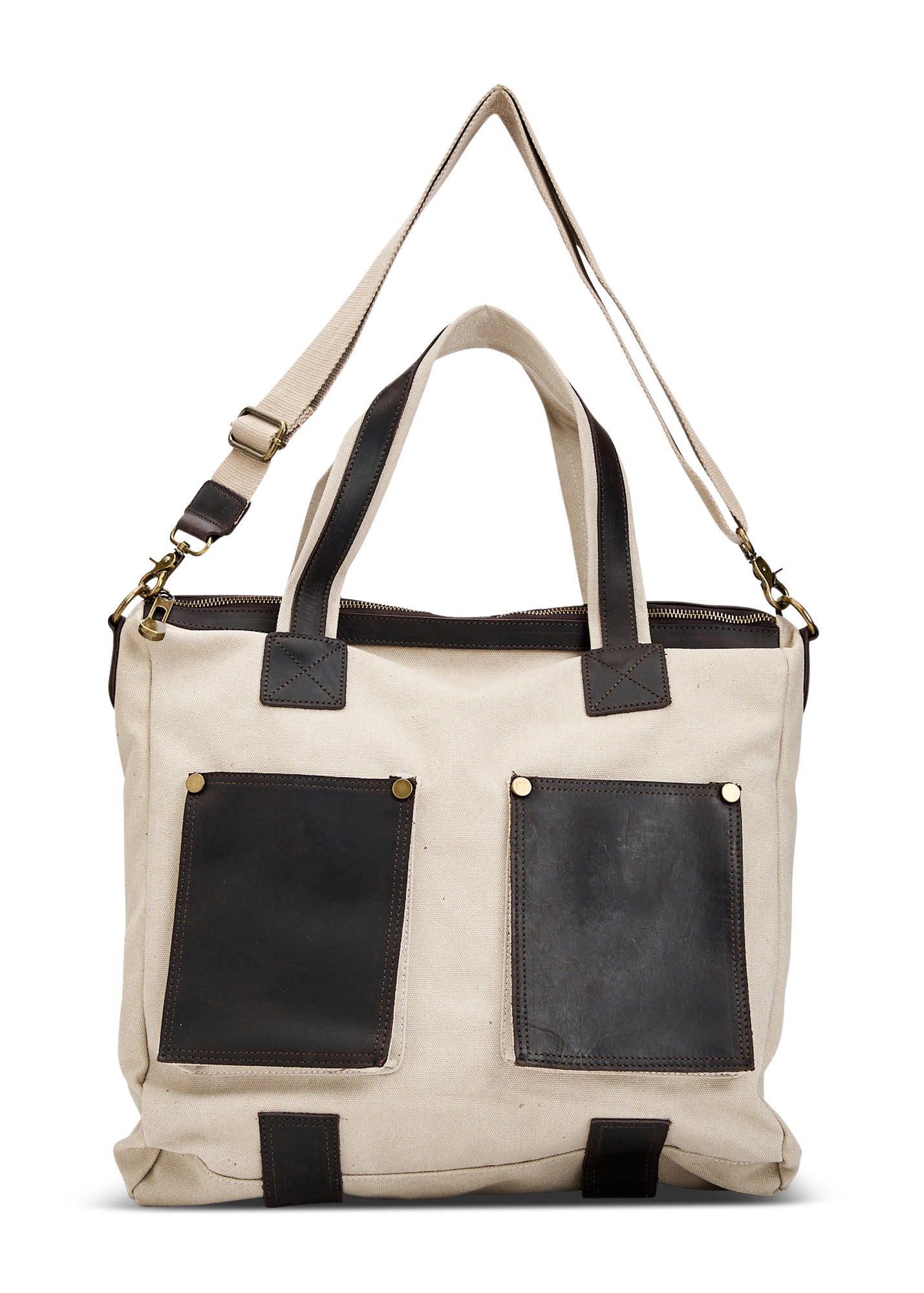 Beige canvas bag with leather pockets on the front