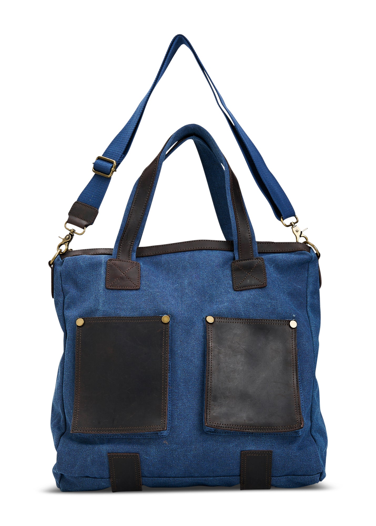 Blue leather front pockets canvas bag