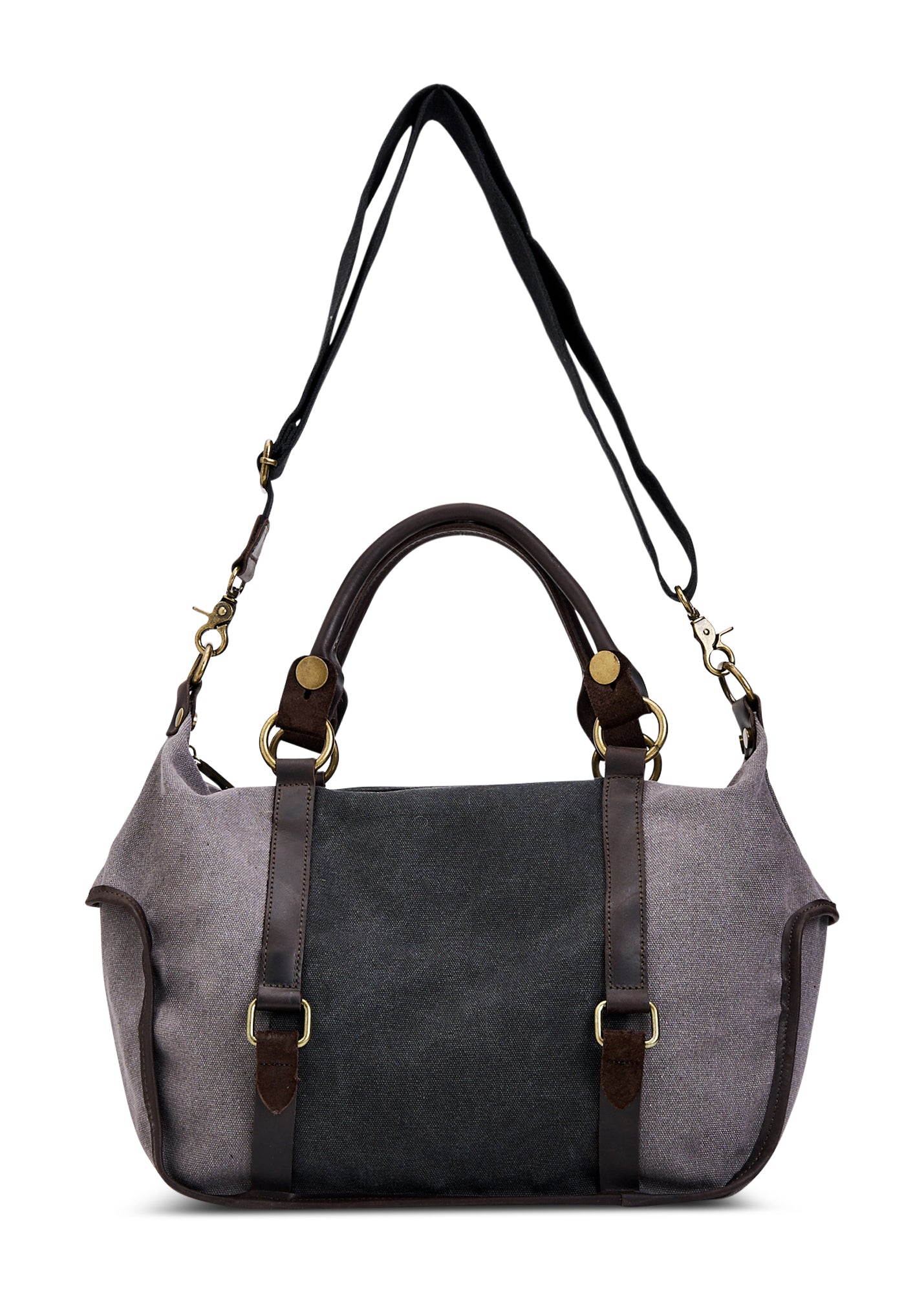 Color combination canvas bag with gray leather handles