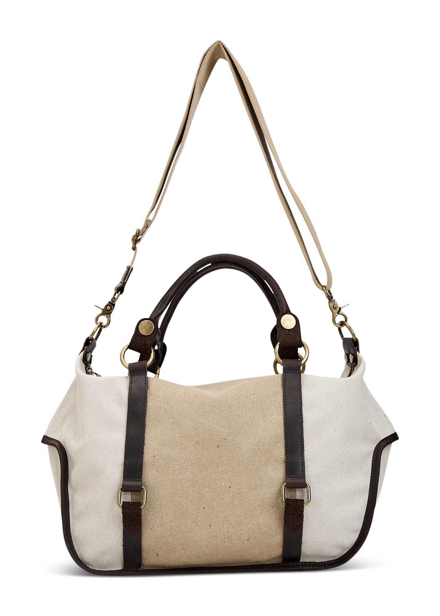 Canvas bag color combination beige leather handles