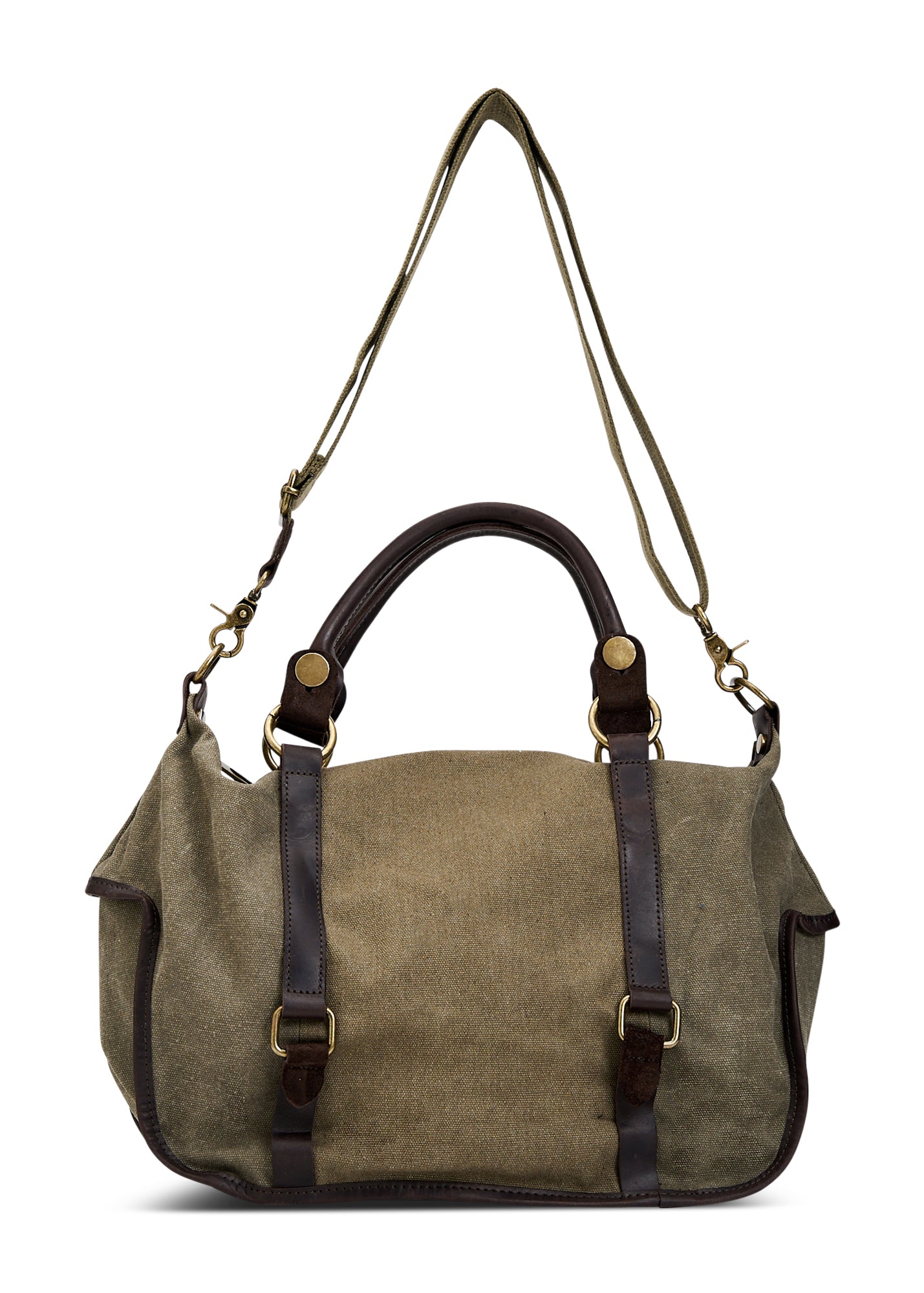 Canvas bag color combination green leather handles