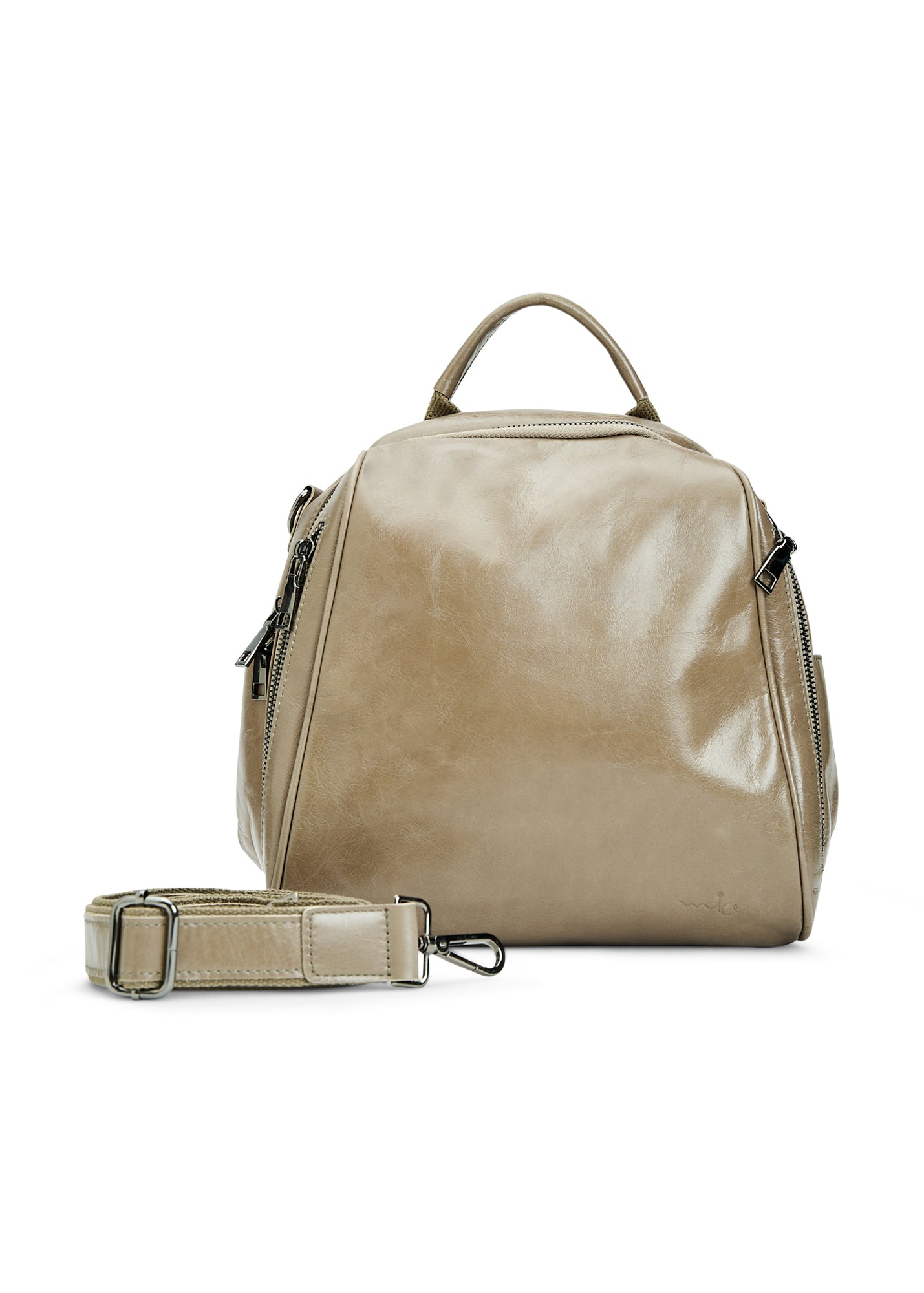 Small leather backpack with beige side compartments