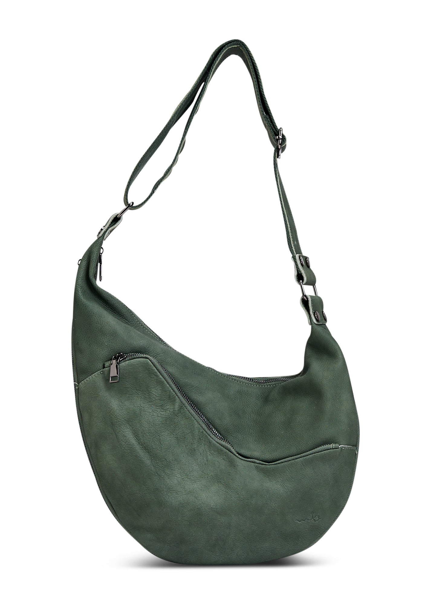 Asymmetric side leather bag with green bottom zipper