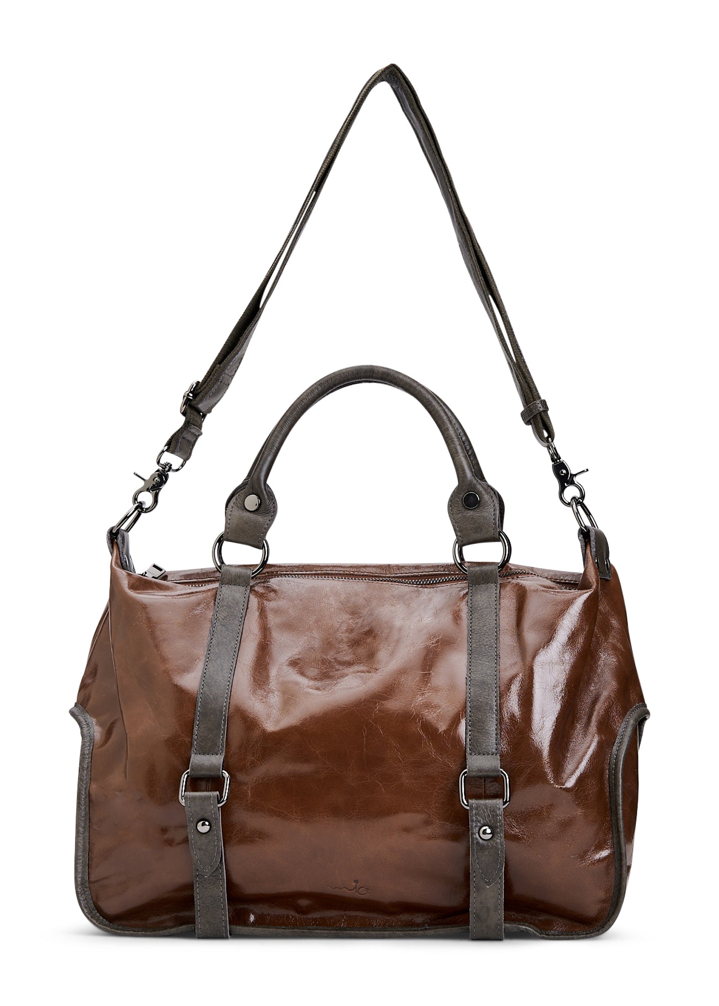 Side leather bag with a combination of brown straps