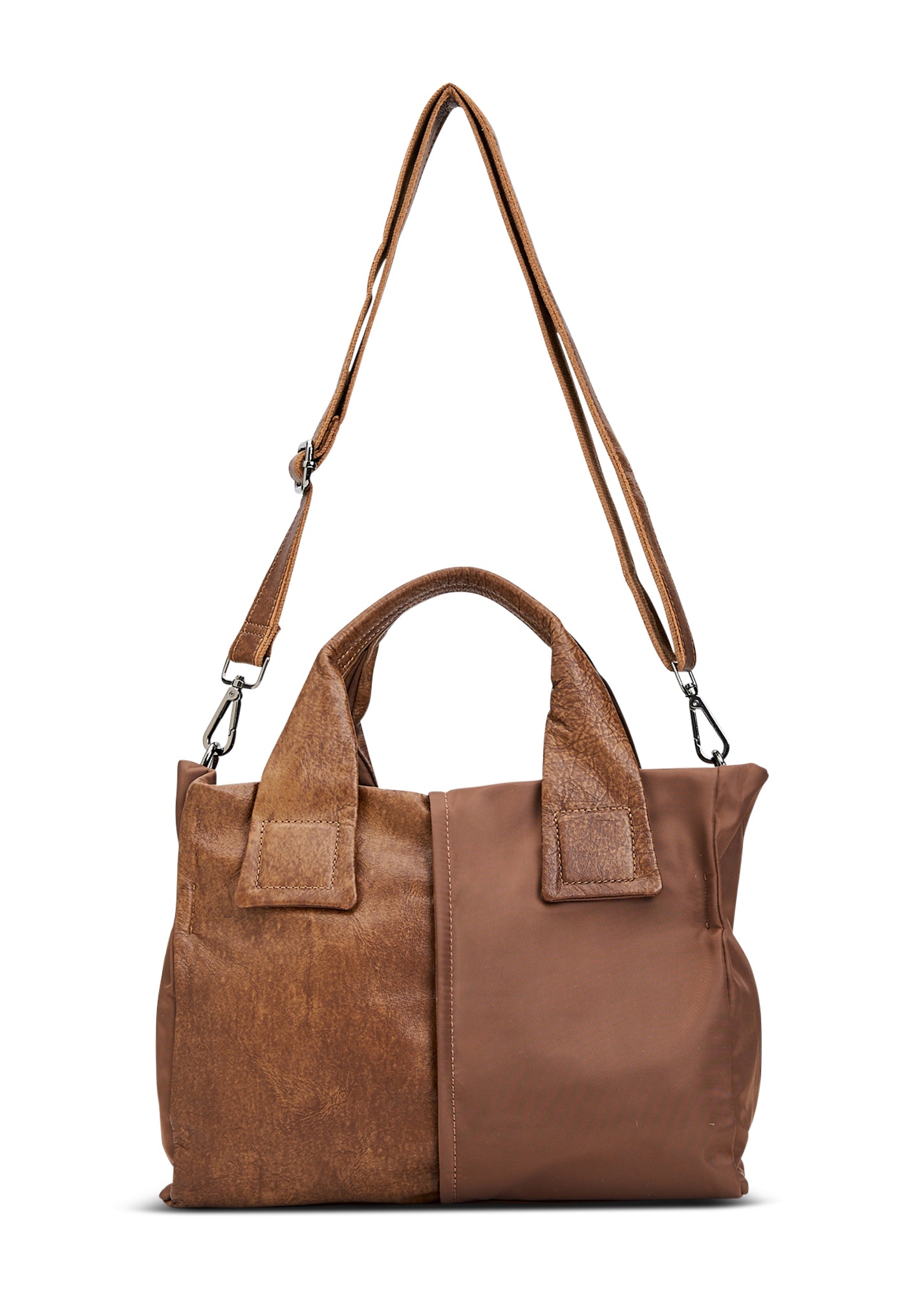 A square side bag combining brown leather and nylon