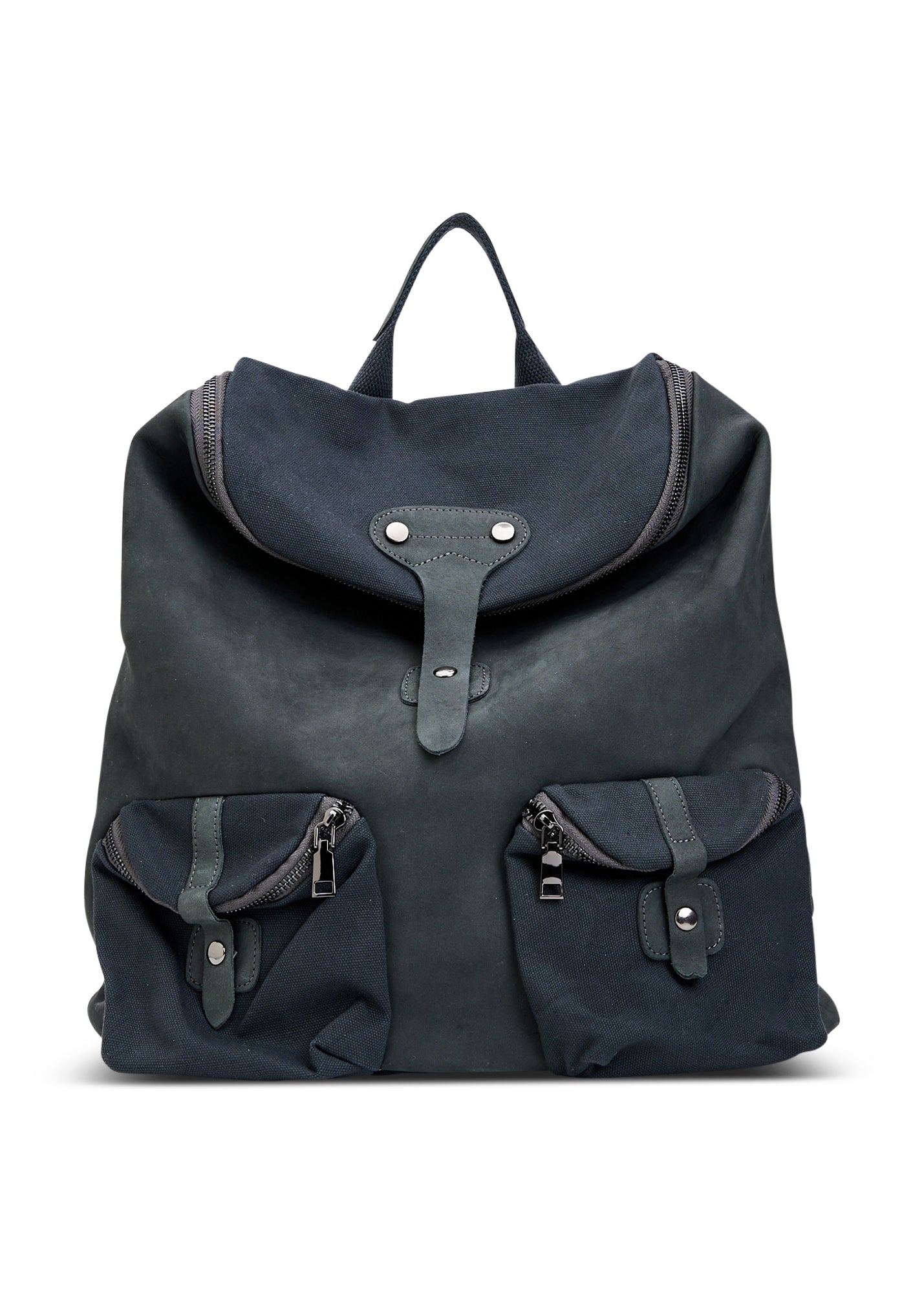 Large leather and canvas backpack with dark gray front pockets