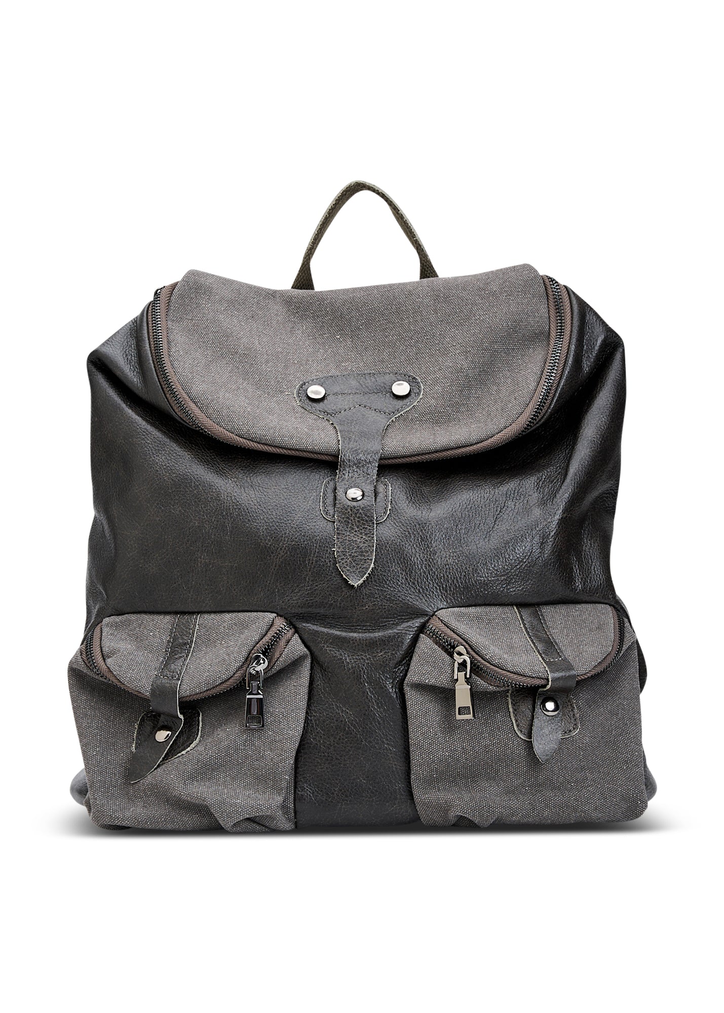 Large leather and canvas backpack with dark brown front pockets