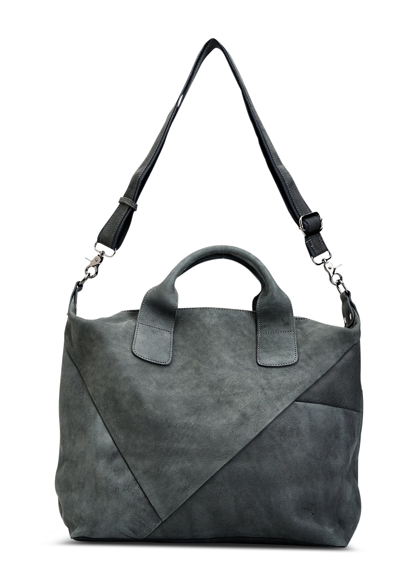 Large gray triangular cut leather side bag