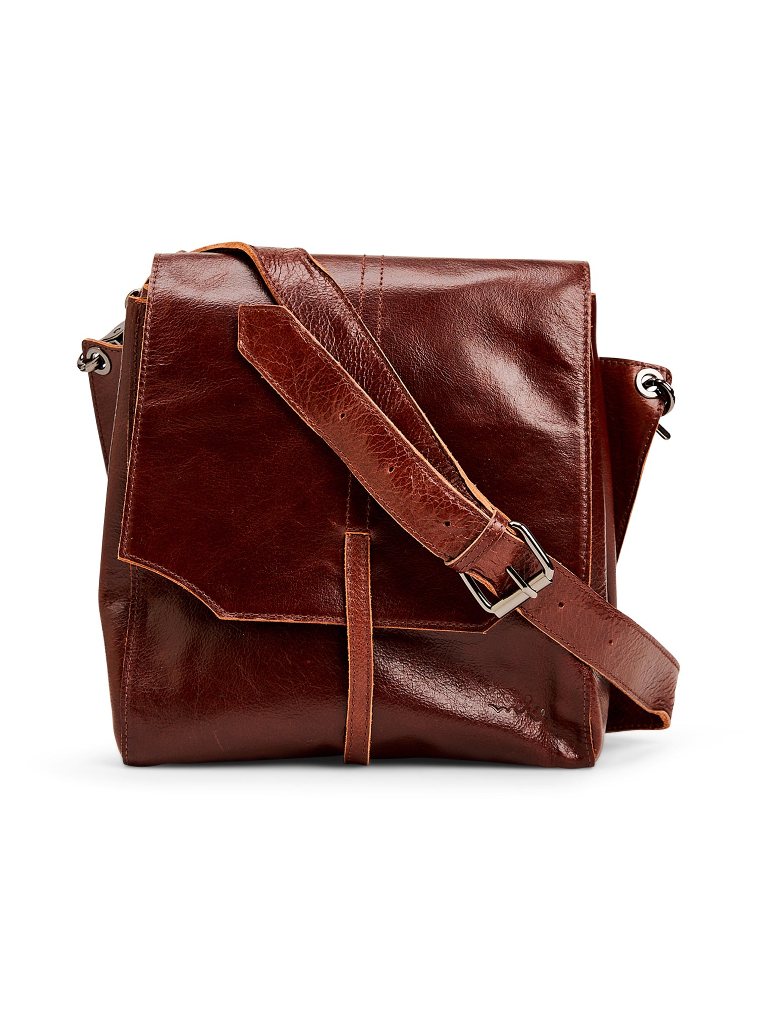 Brown two-compartment front tie leather bag