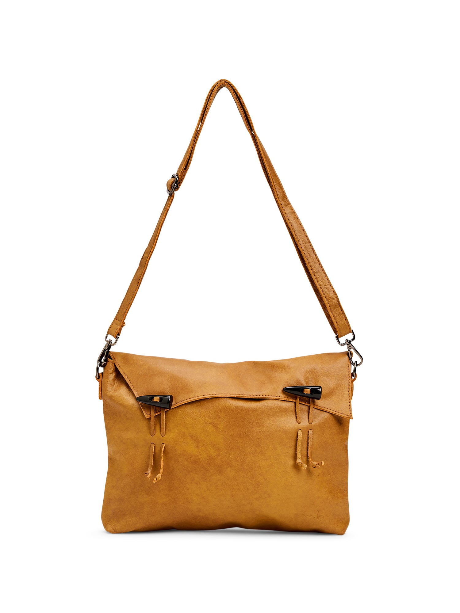 Brown magnet and loop closure leather bag