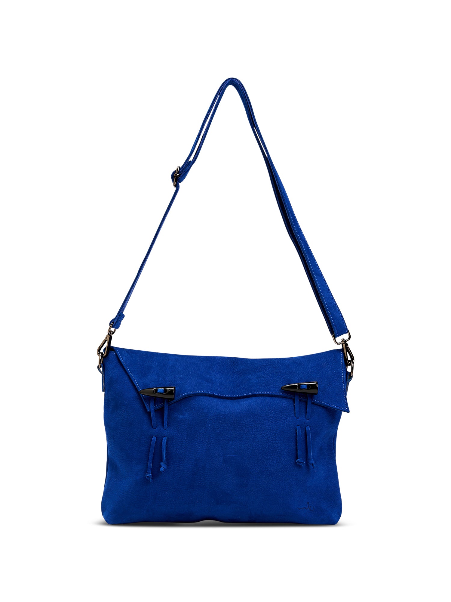 Leather bag with loop closure and blue magnet