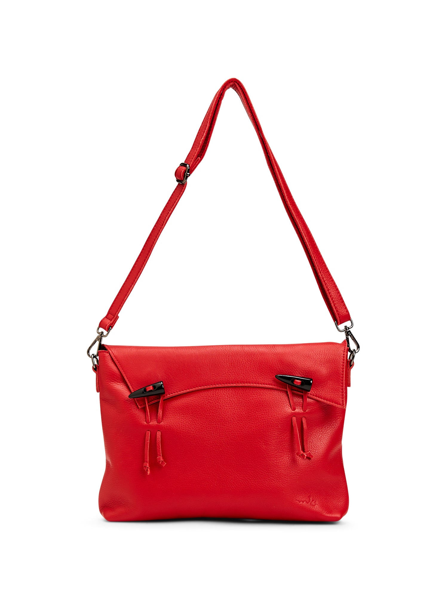 Red magnet and loop closure leather bag