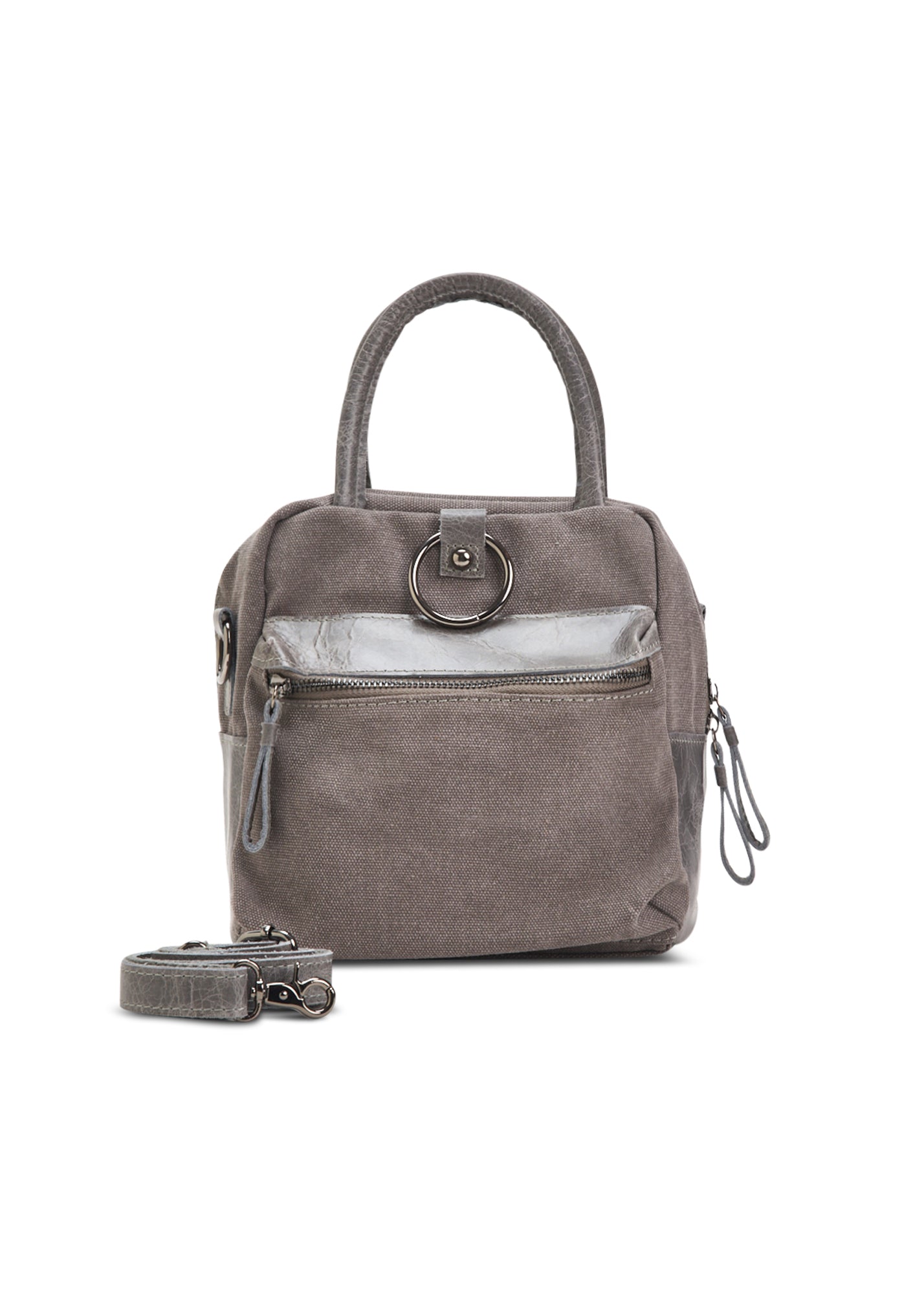 Gray small square canvas and leather bag