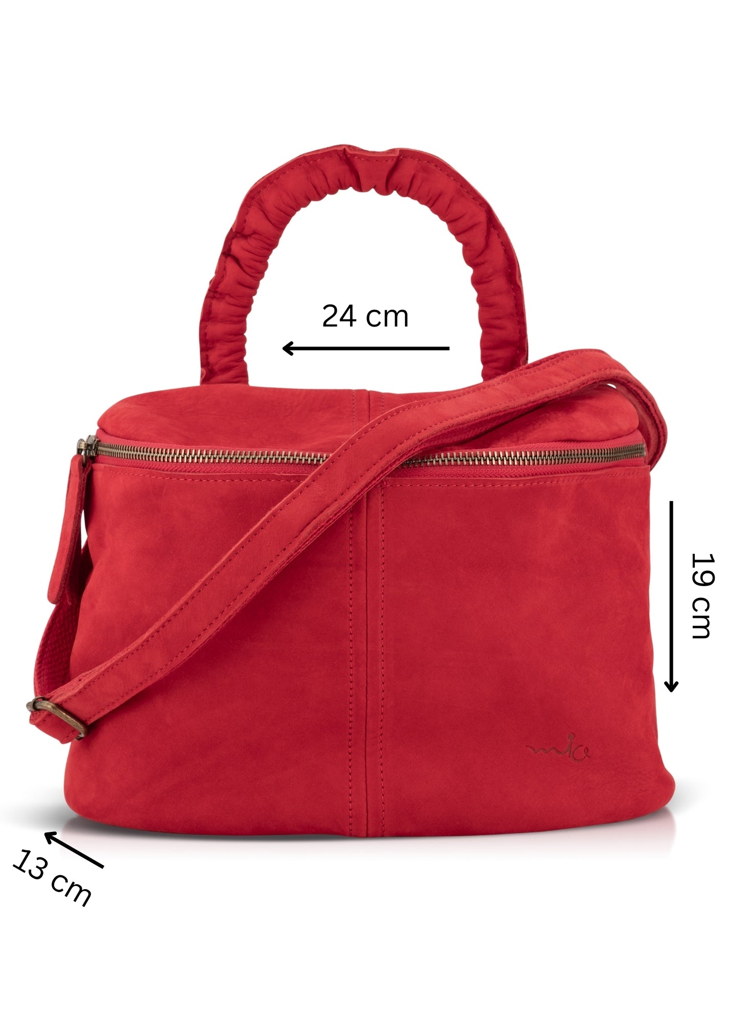 A small leather bag with a red shrink handle