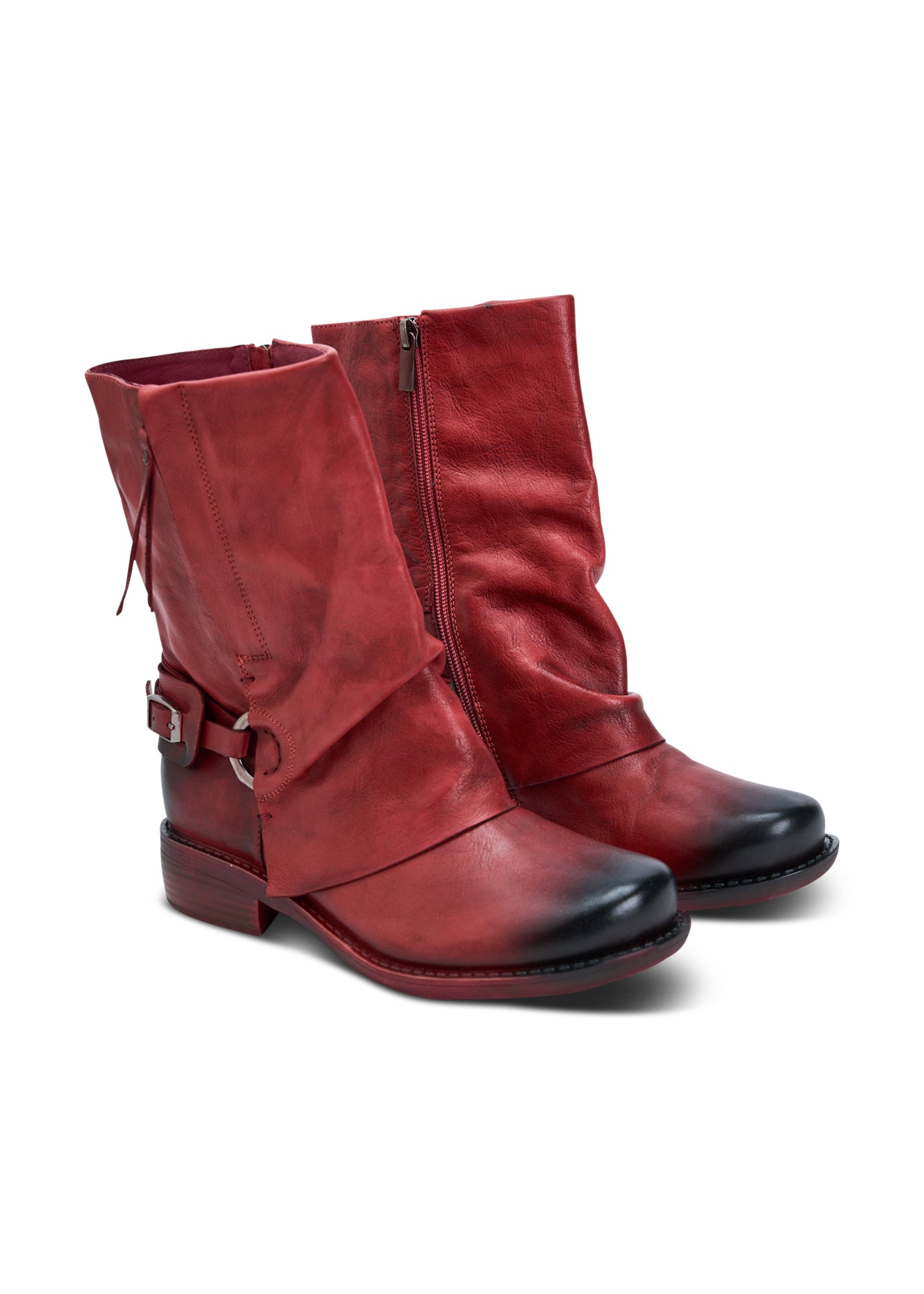 Wash leather boots zipper and strap with red buckle