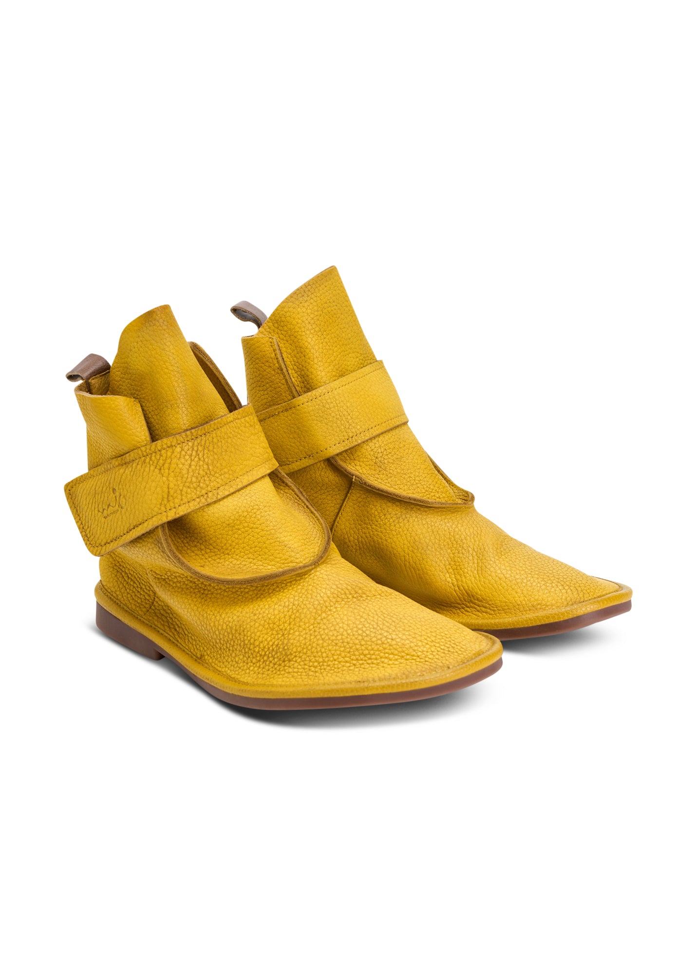 Soft leather ankle boots with yellow velcro closure