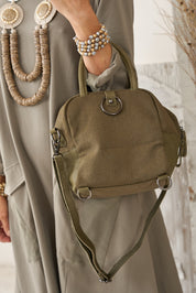 Green small square canvas and leather bag