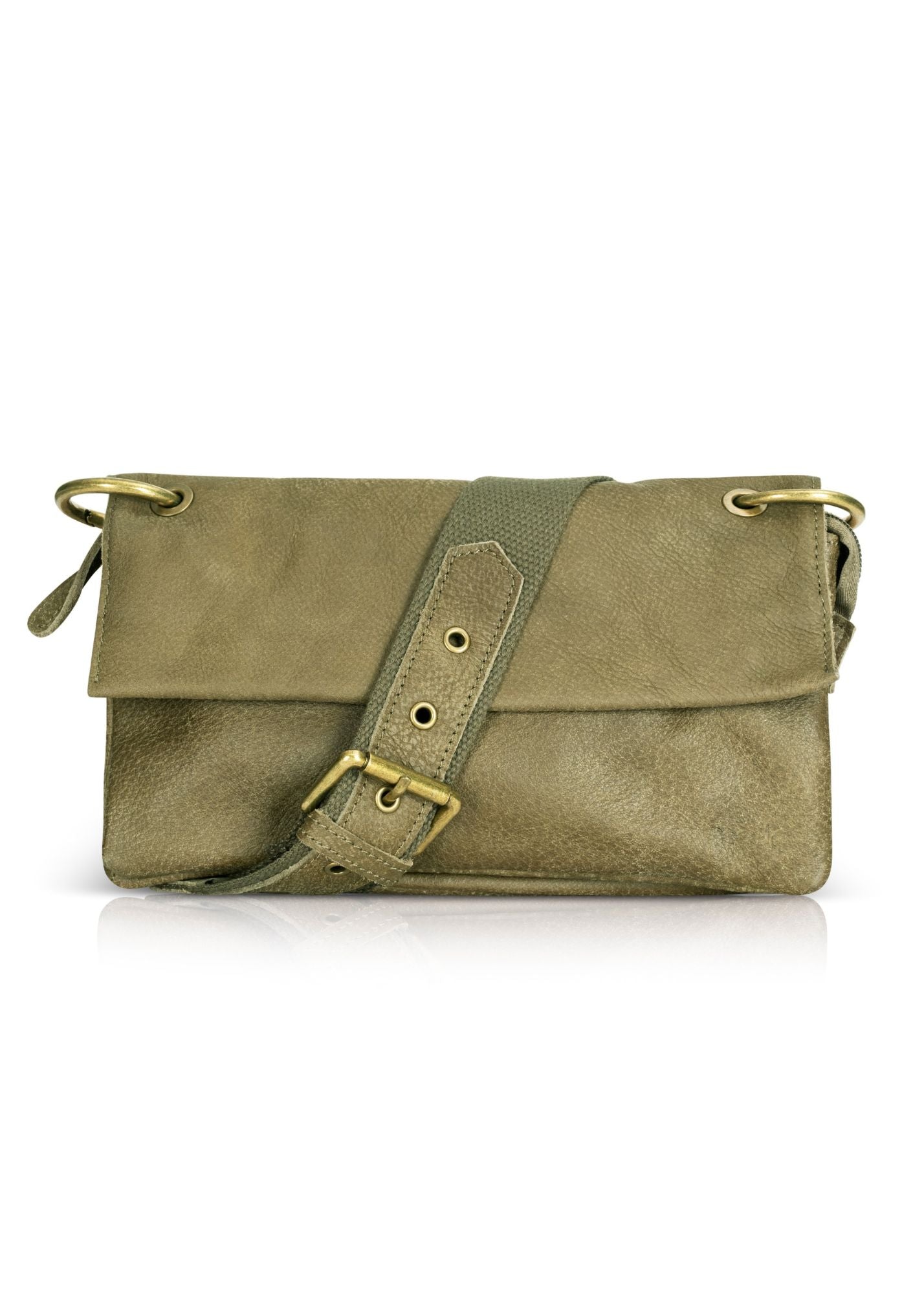 Dark green leather envelope evening bag and straps