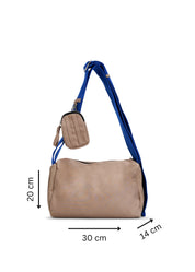 Rectangular bag with reverse zippers and beige wallet