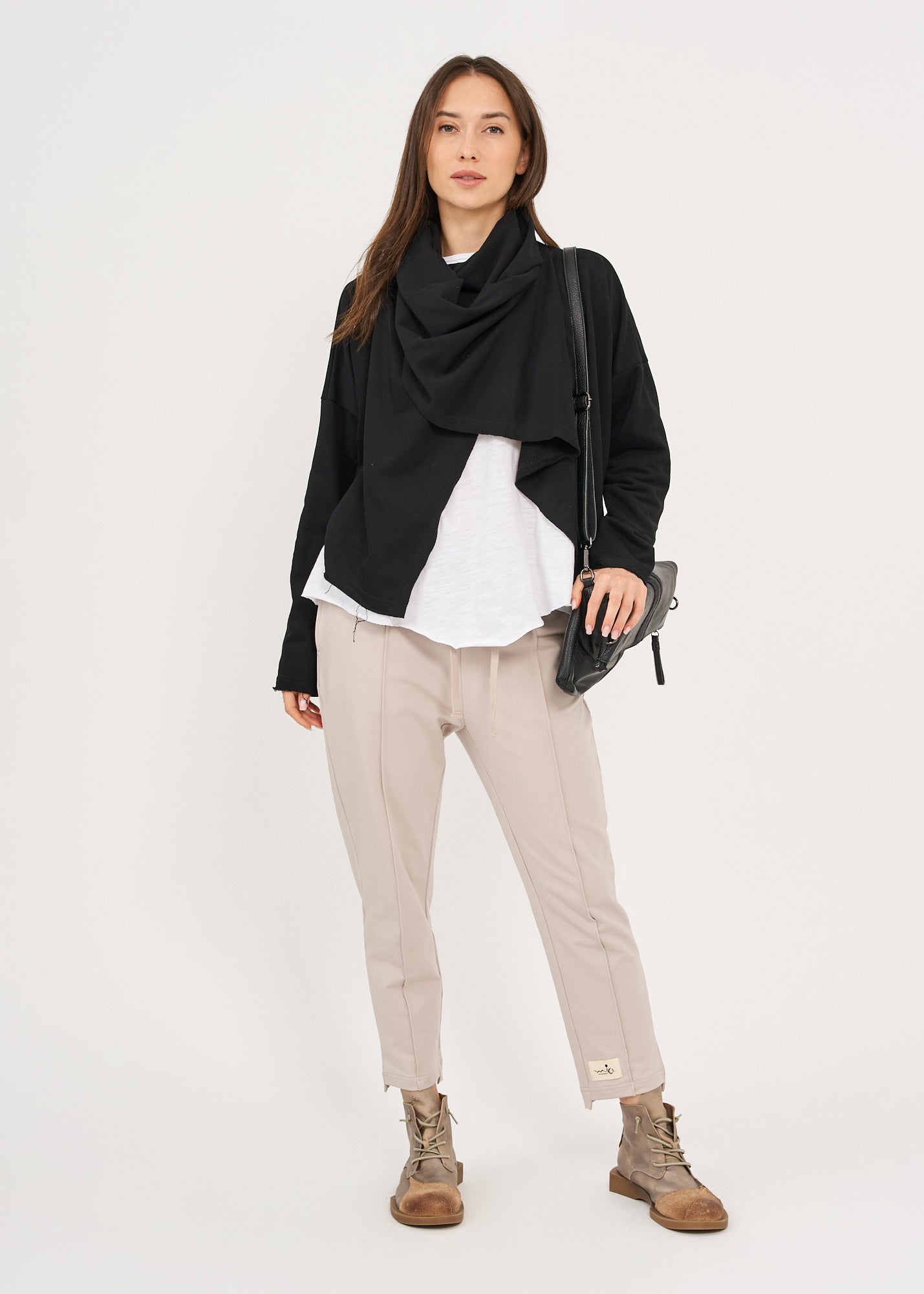 Short top with a black wrapped scarf