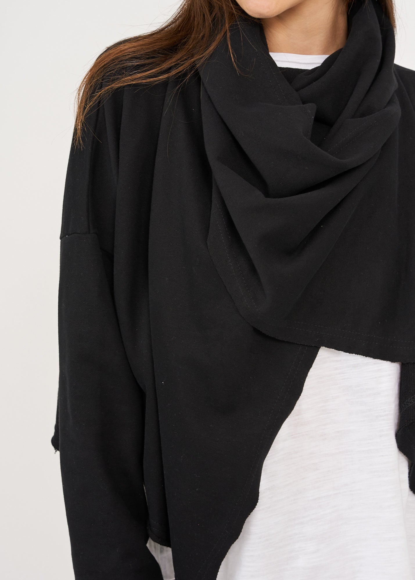 Short top with a black wrapped scarf