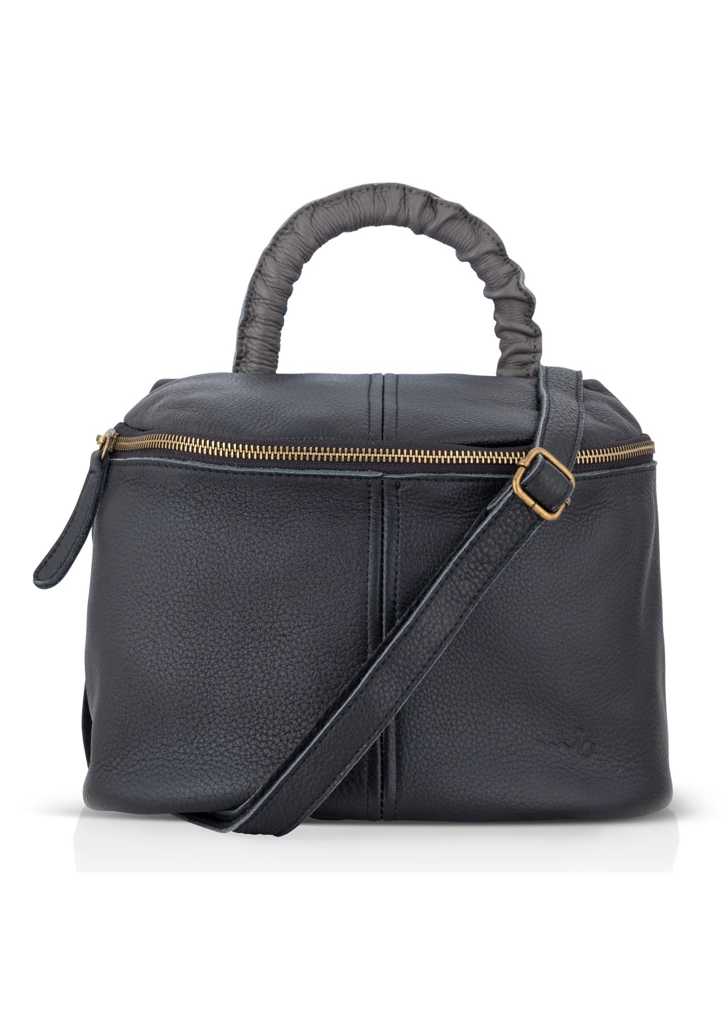 A small leather bag with a handle and a black color combination