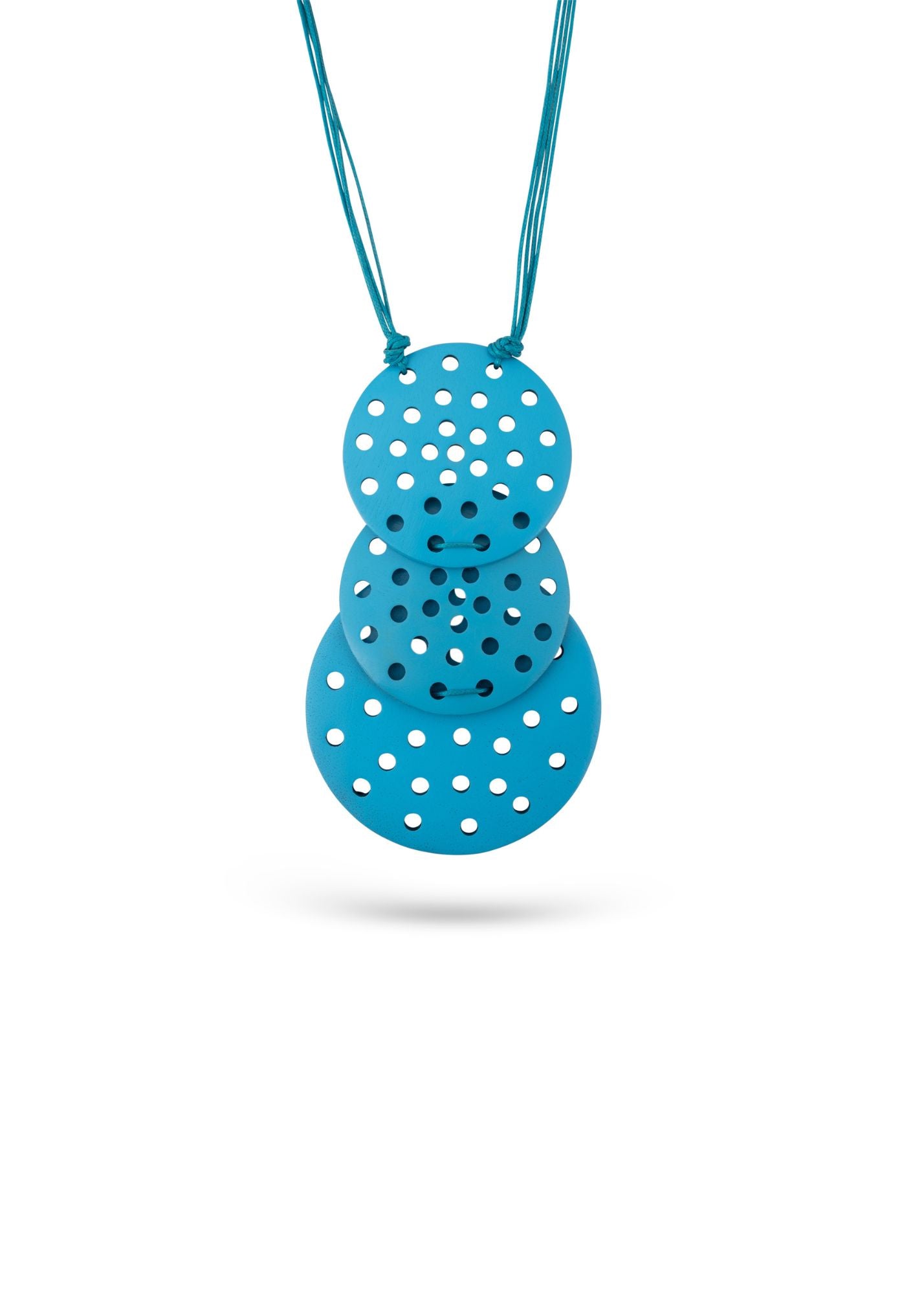 Necklace of blue perforated coconut discs