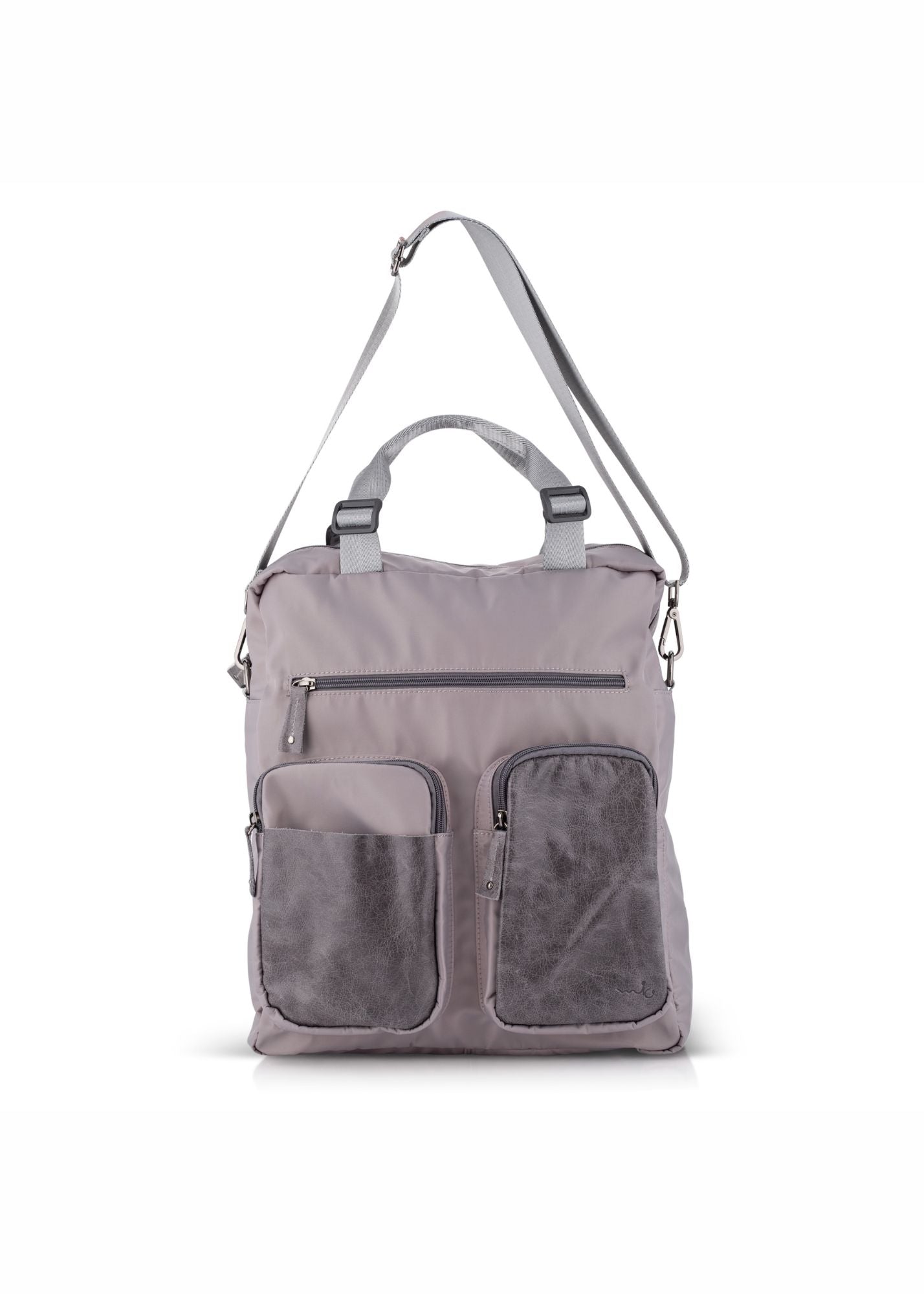 Nylon bag combined with gray leather