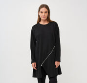 Black diagonal zipper long sleeve tunic