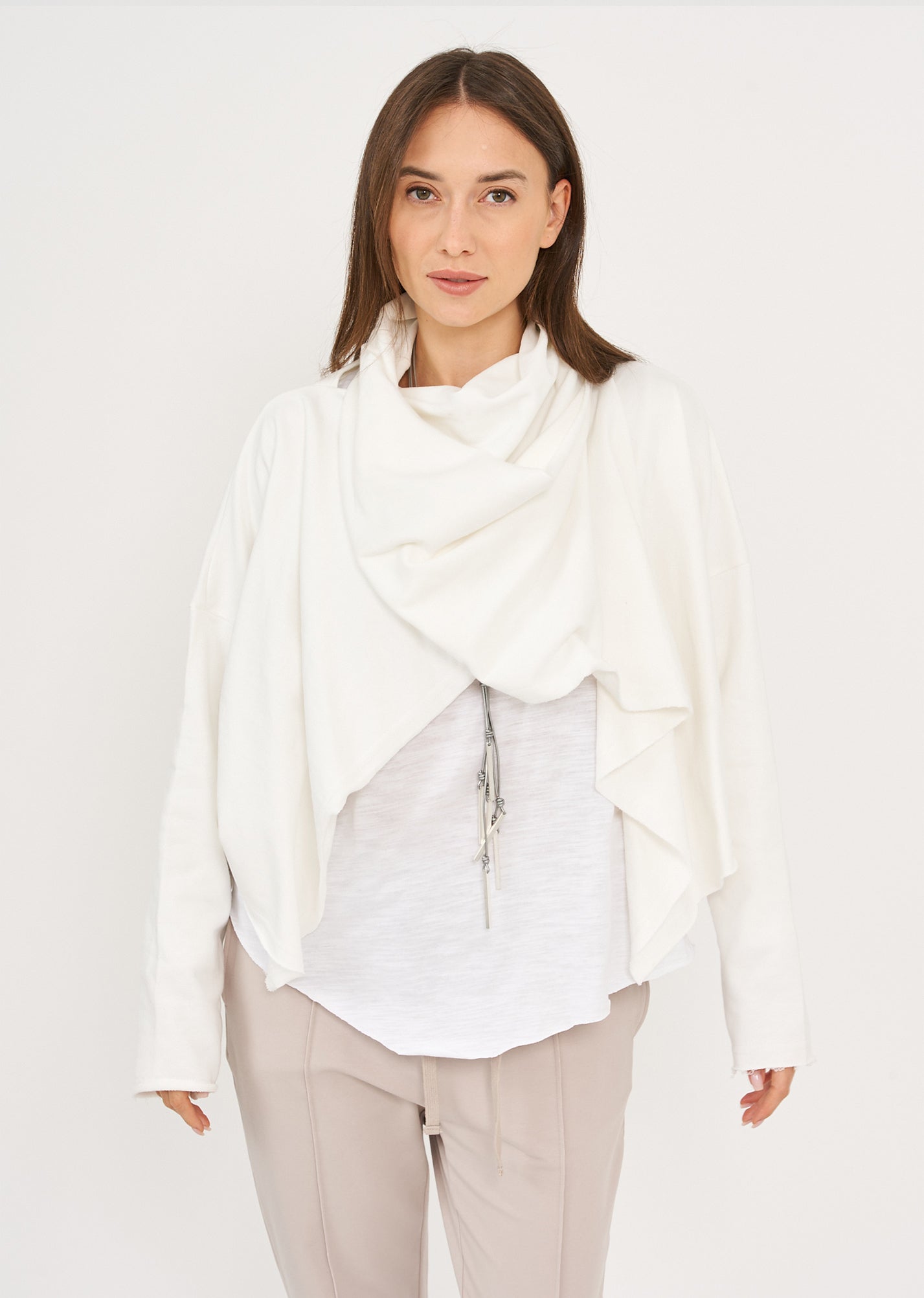 Short top with a white wrapped scarf