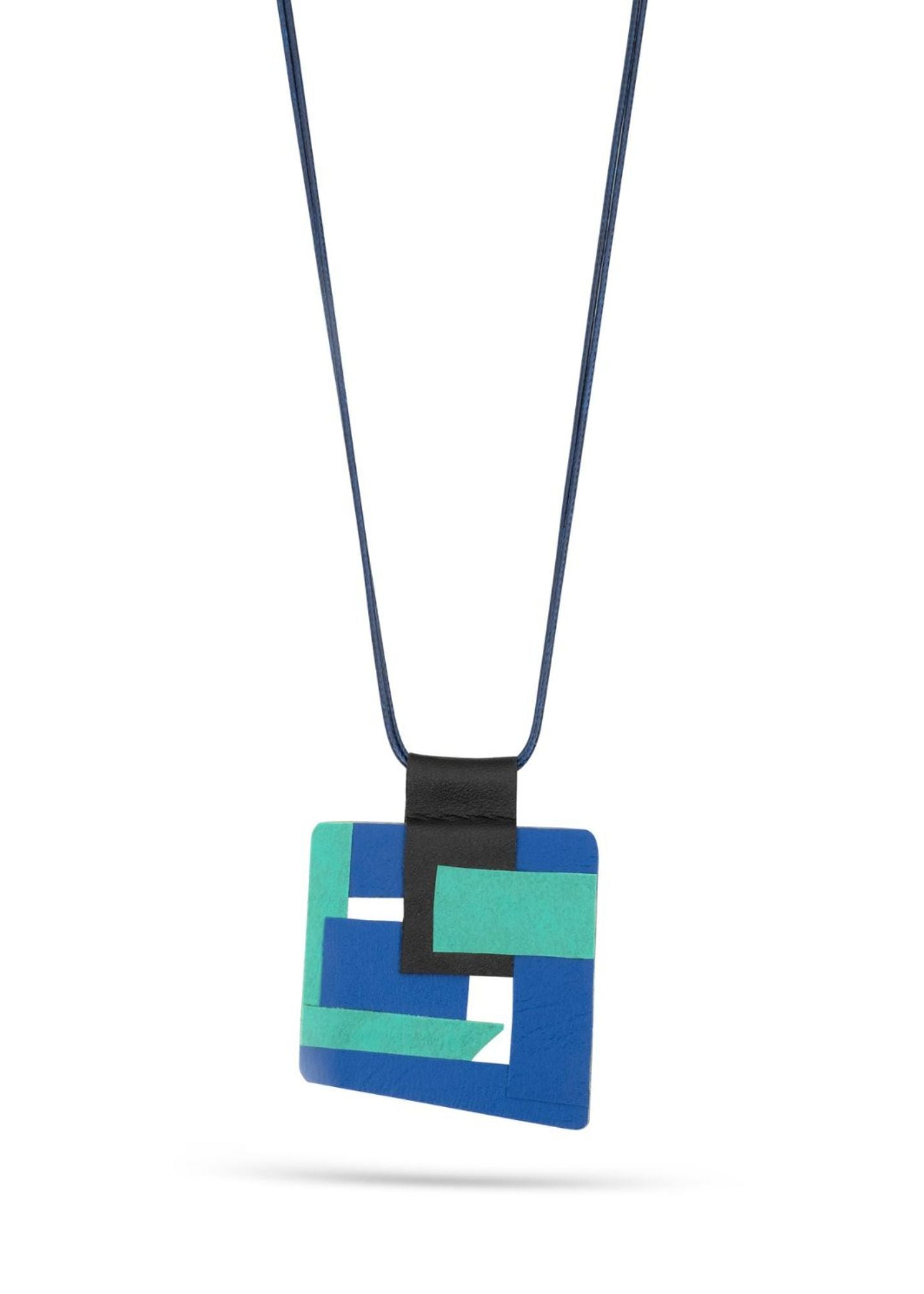 Resin necklace with blue leather squares