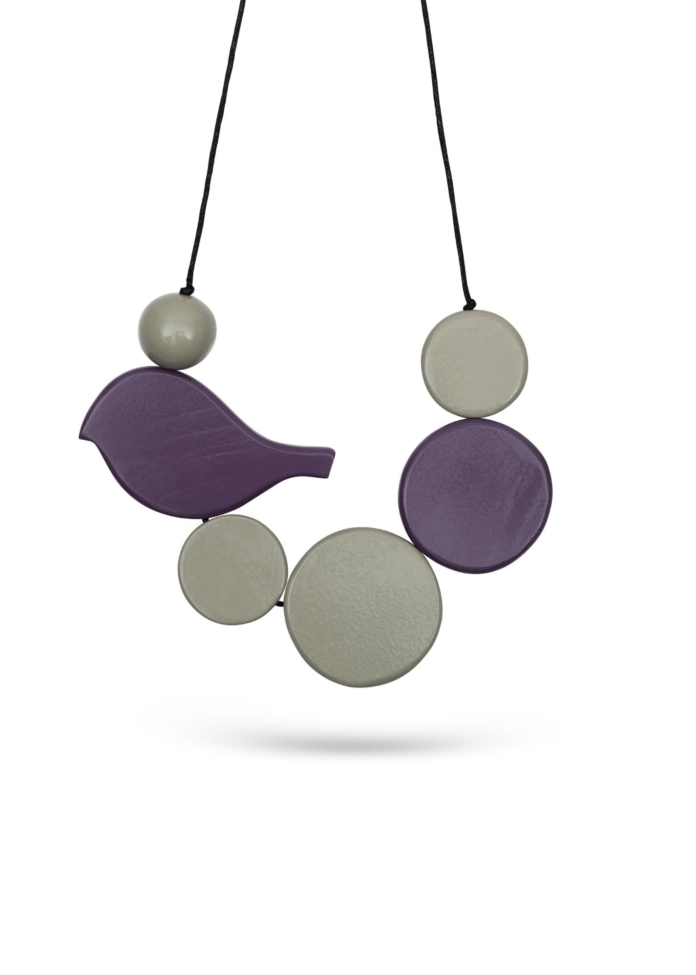 Handmade necklace made of wood discs in two colors and a purple bird